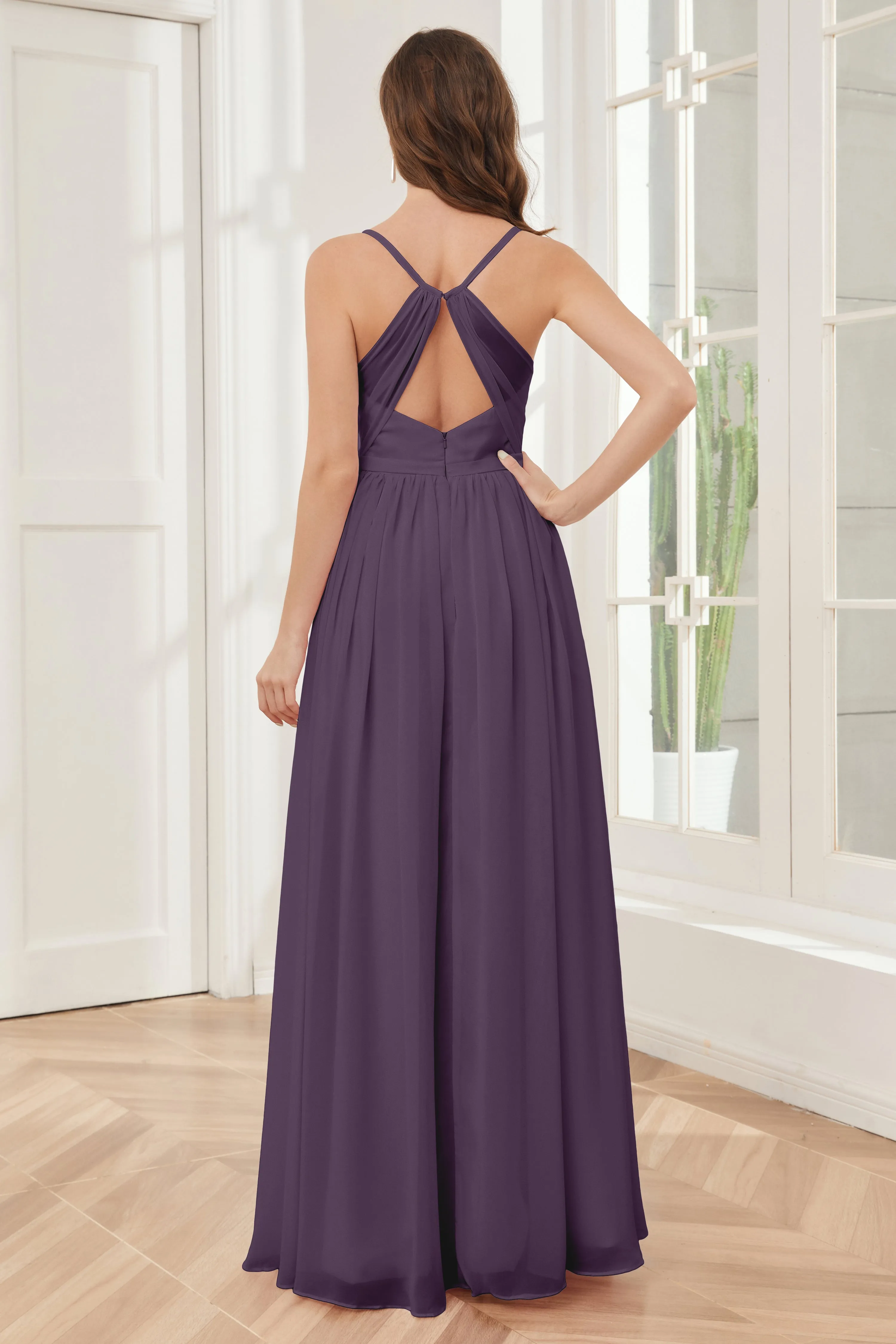 A-line Spaghetti Straps Chiffon Long Bridesmaid Dresses