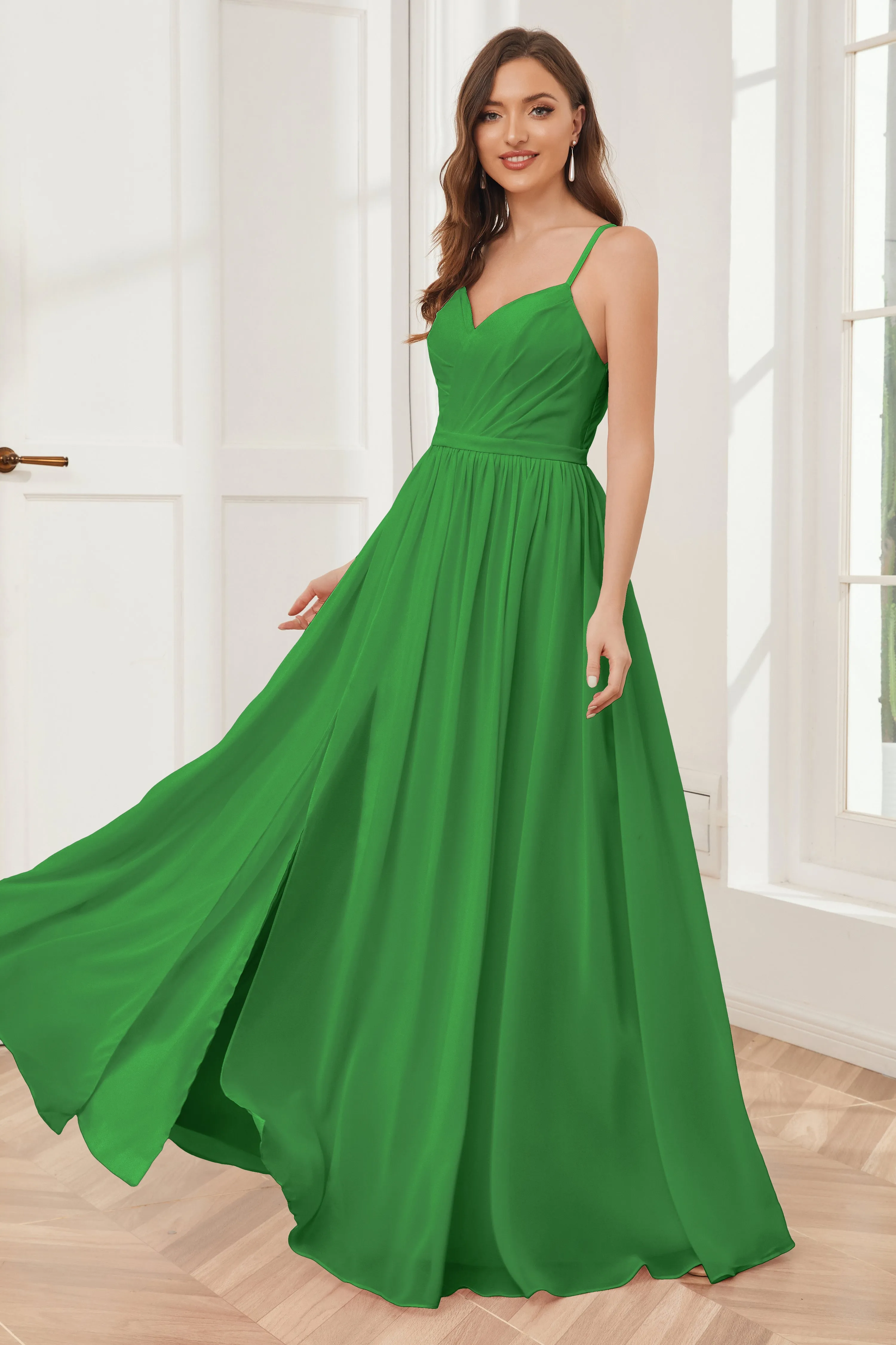 A-line Spaghetti Straps Chiffon Long Bridesmaid Dresses