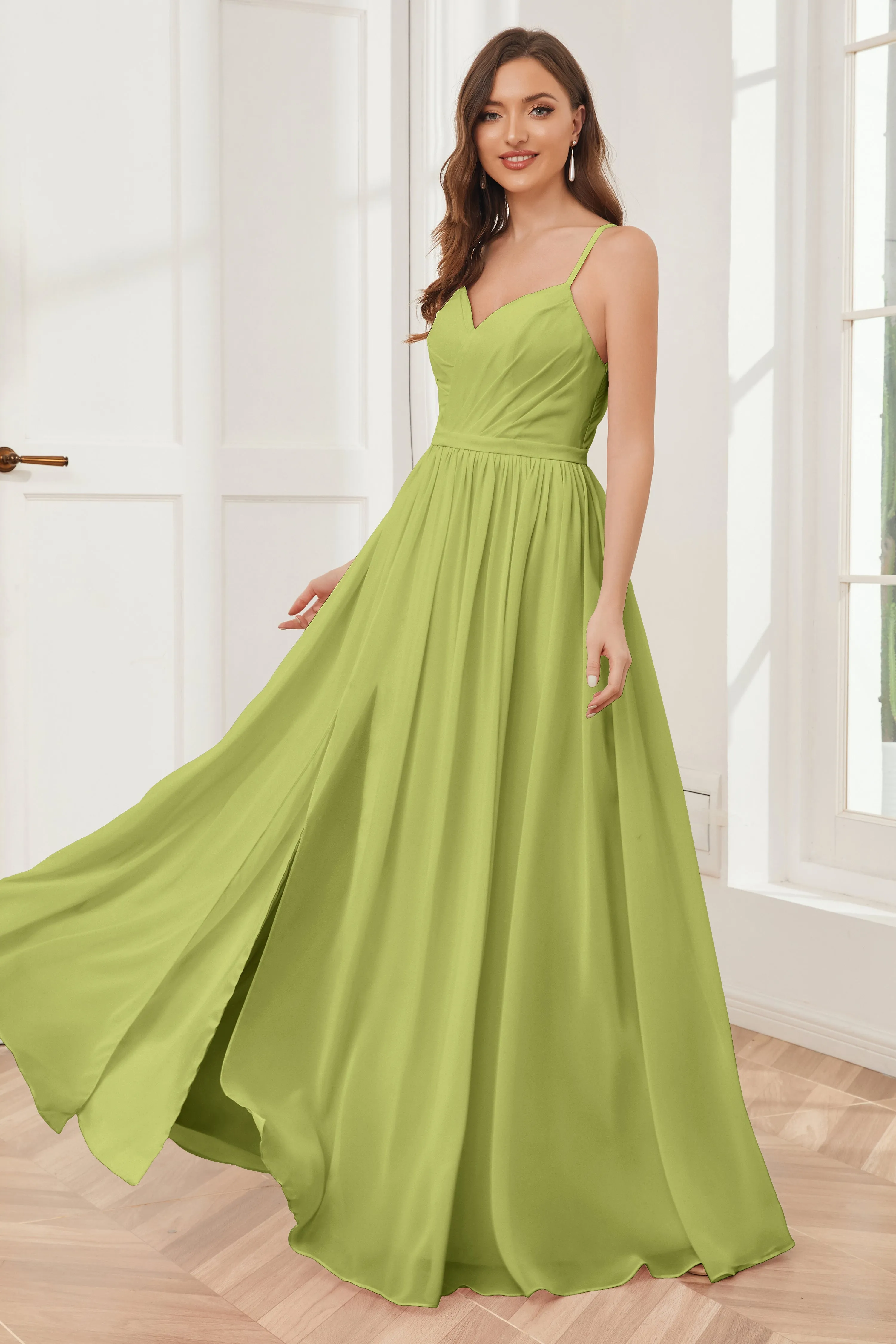 A-line Spaghetti Straps Chiffon Long Bridesmaid Dresses