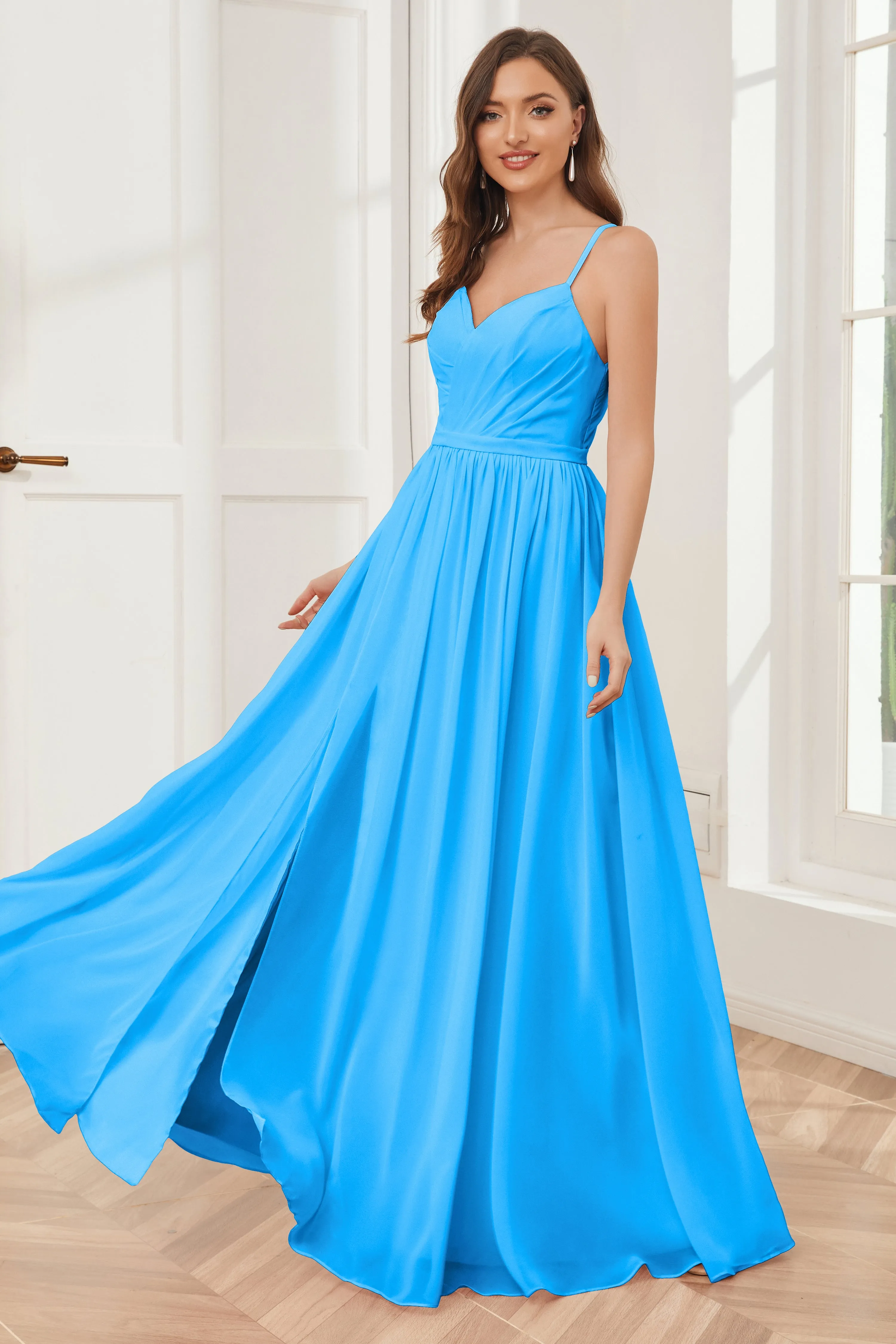 A-line Spaghetti Straps Chiffon Long Bridesmaid Dresses