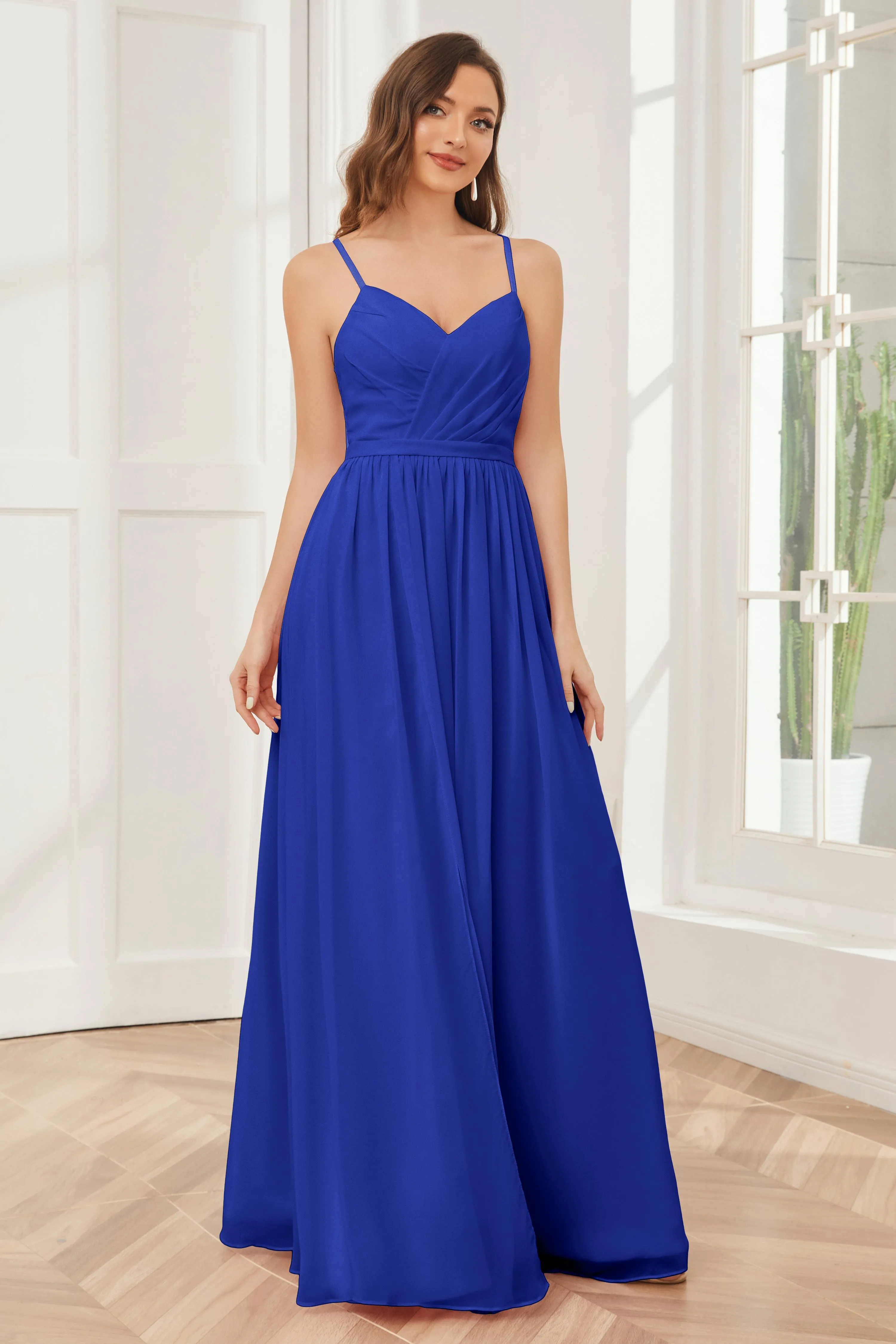 A-line Spaghetti Straps Chiffon Long Bridesmaid Dresses