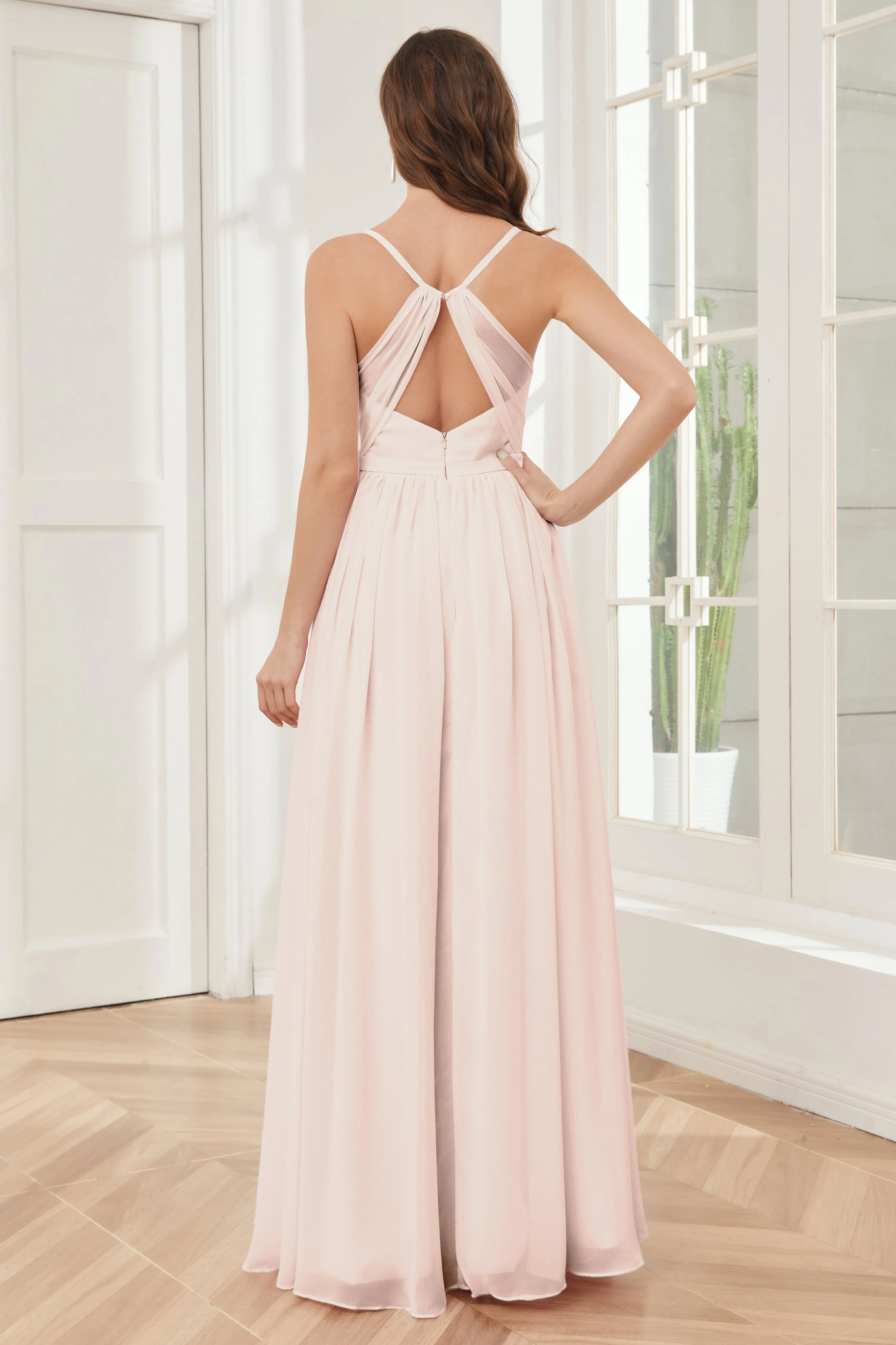 A-line Spaghetti Straps Chiffon Long Bridesmaid Dresses