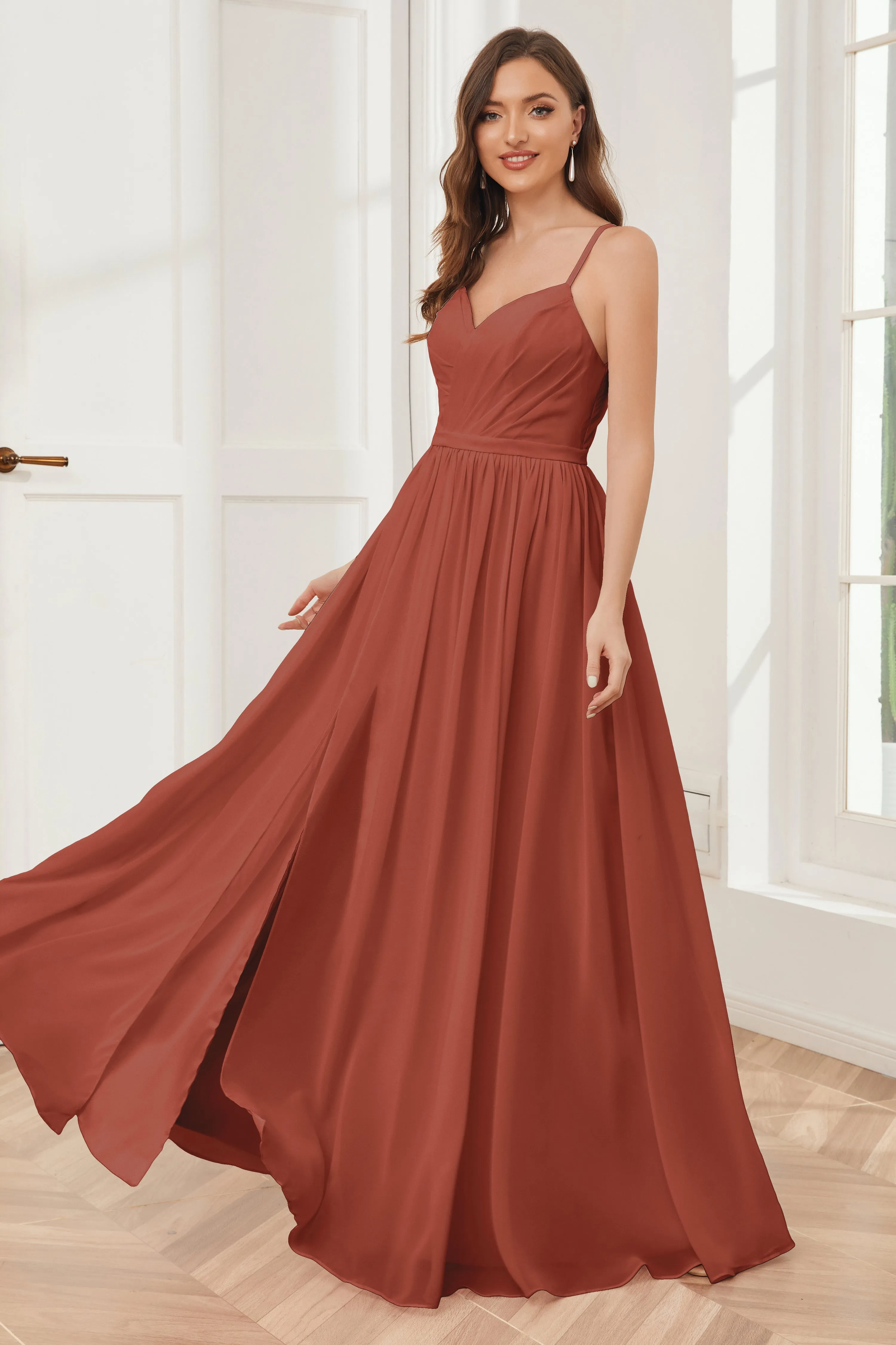 A-line Spaghetti Straps Chiffon Long Bridesmaid Dresses