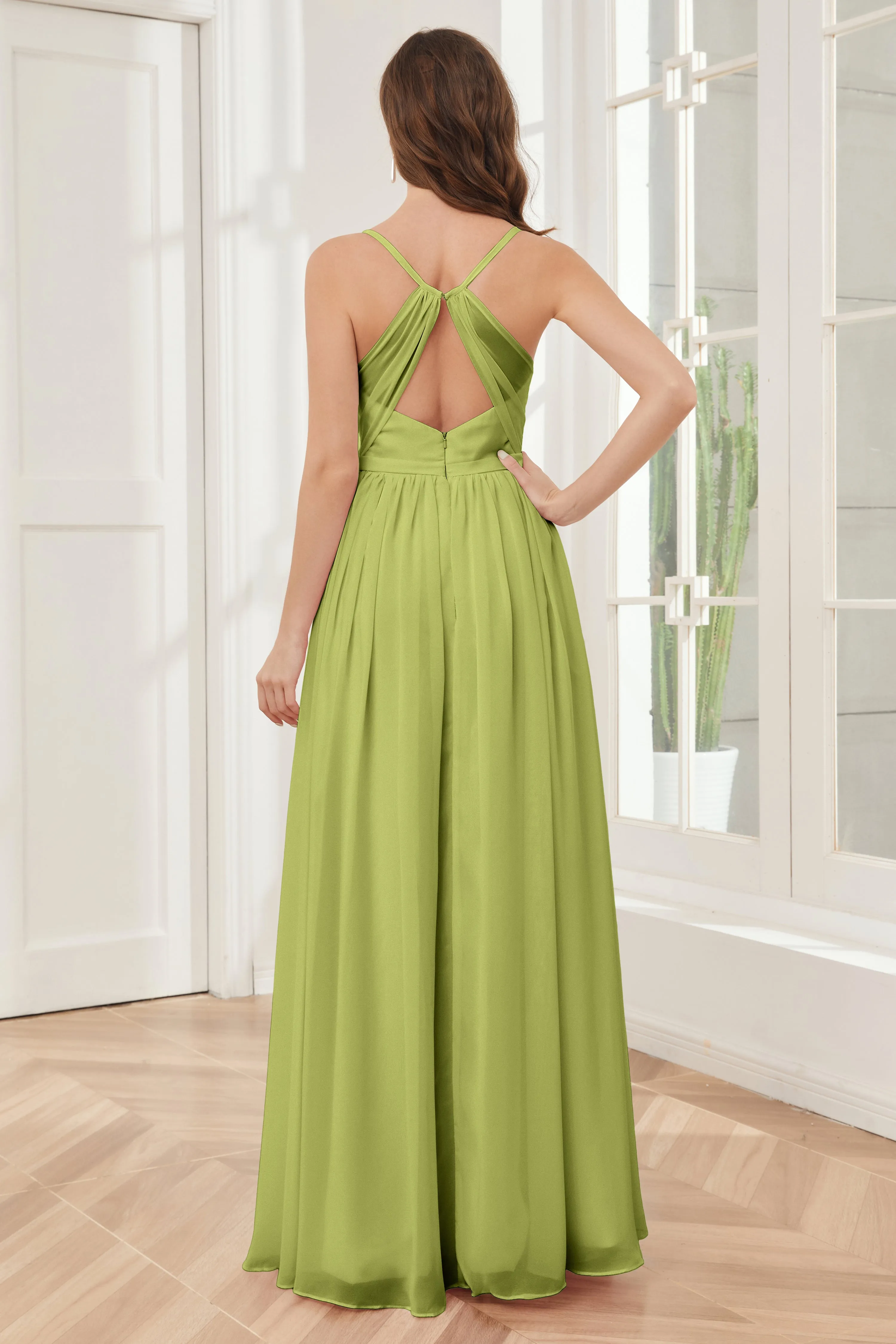 A-line Spaghetti Straps Chiffon Long Bridesmaid Dresses