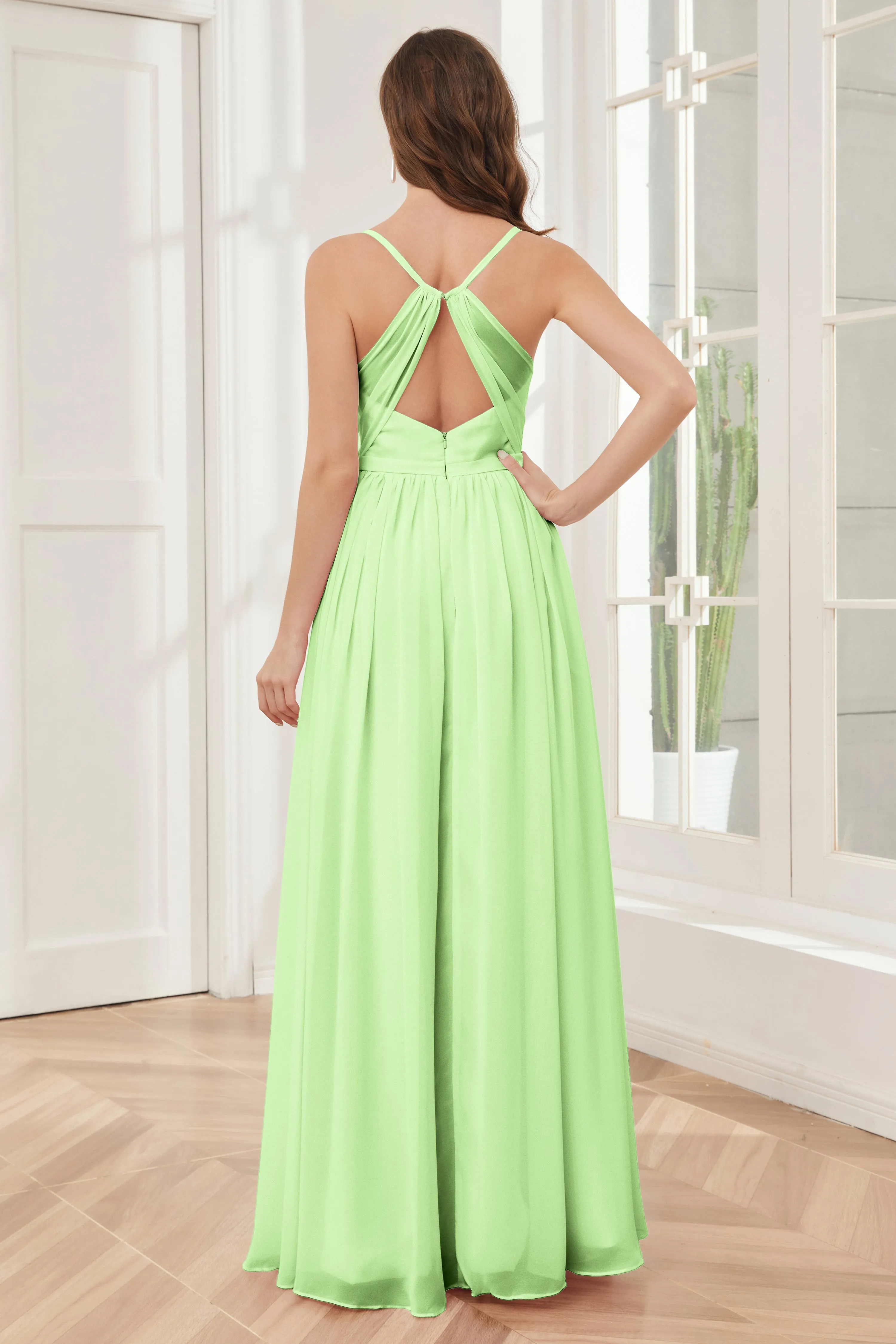 A-line Spaghetti Straps Chiffon Long Bridesmaid Dresses