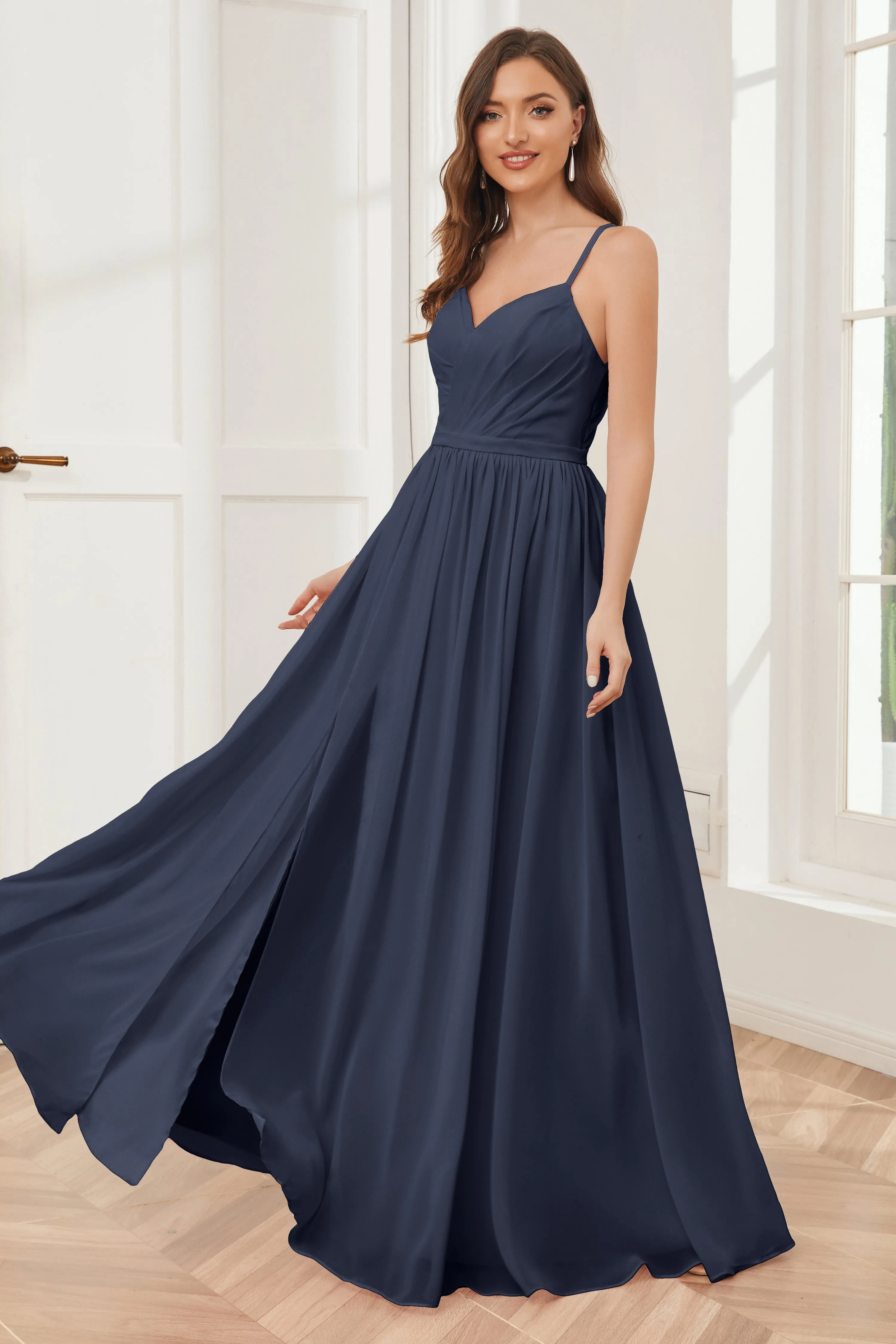 A-line Spaghetti Straps Chiffon Long Bridesmaid Dresses