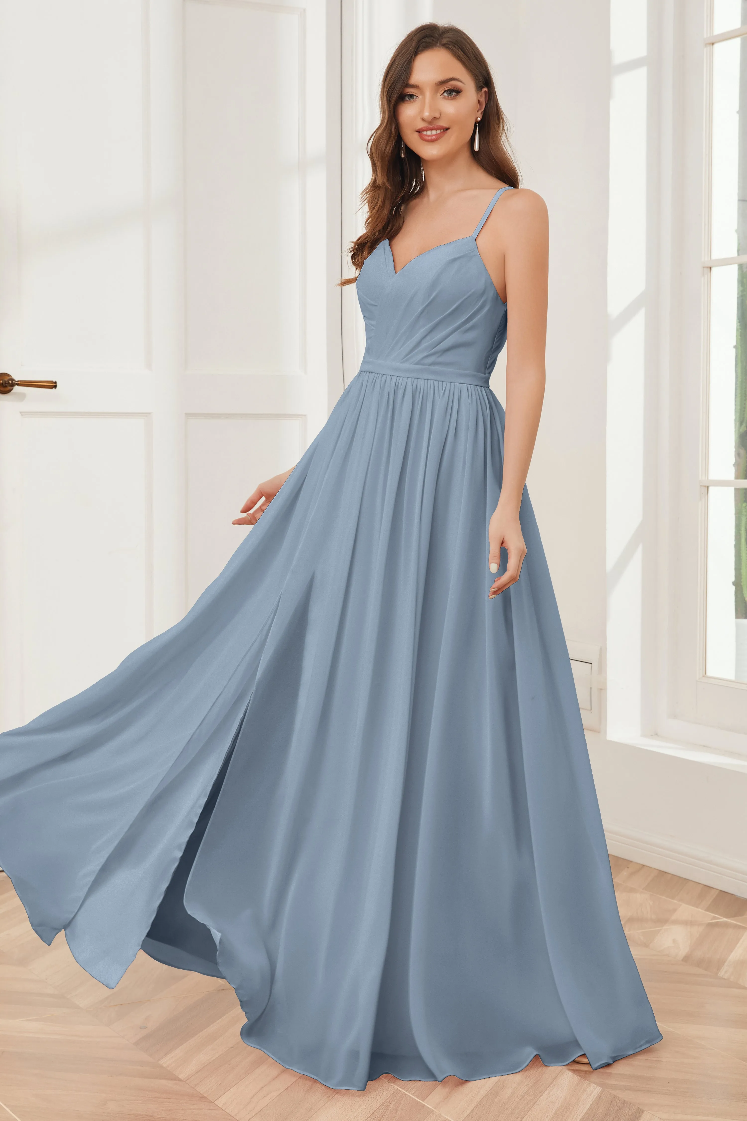 A-line Spaghetti Straps Chiffon Long Bridesmaid Dresses