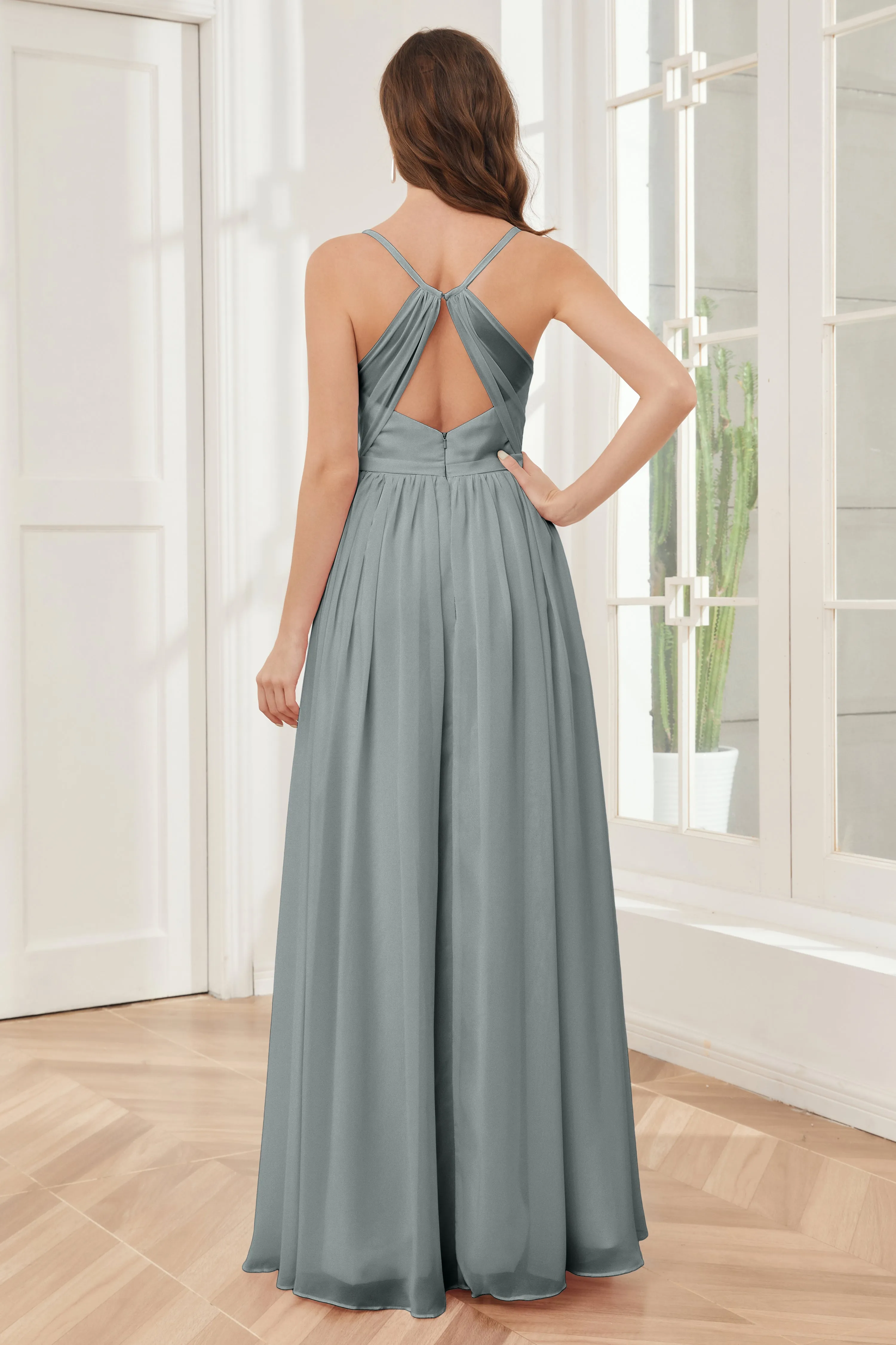 A-line Spaghetti Straps Chiffon Long Bridesmaid Dresses