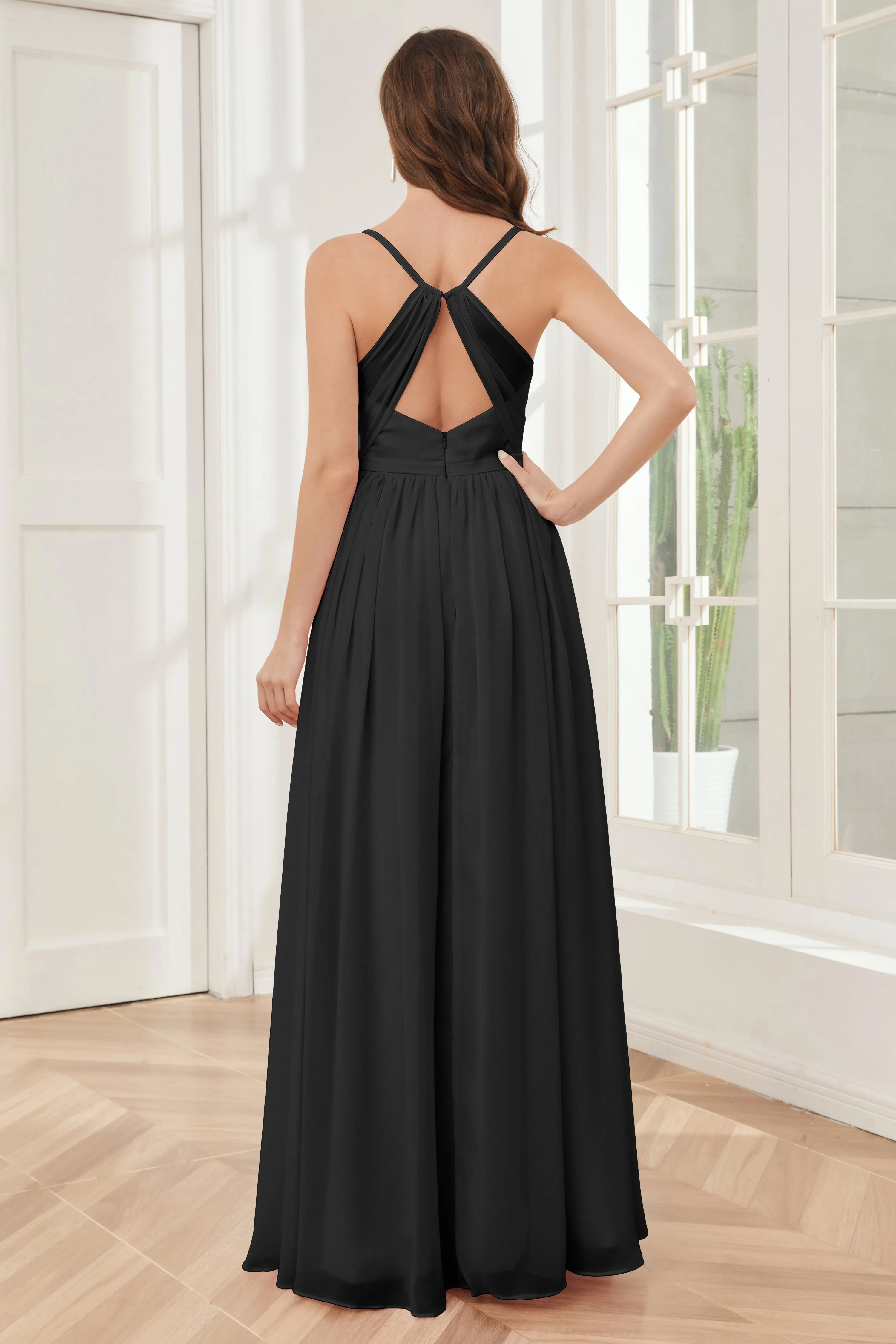 A-line Spaghetti Straps Chiffon Long Bridesmaid Dresses