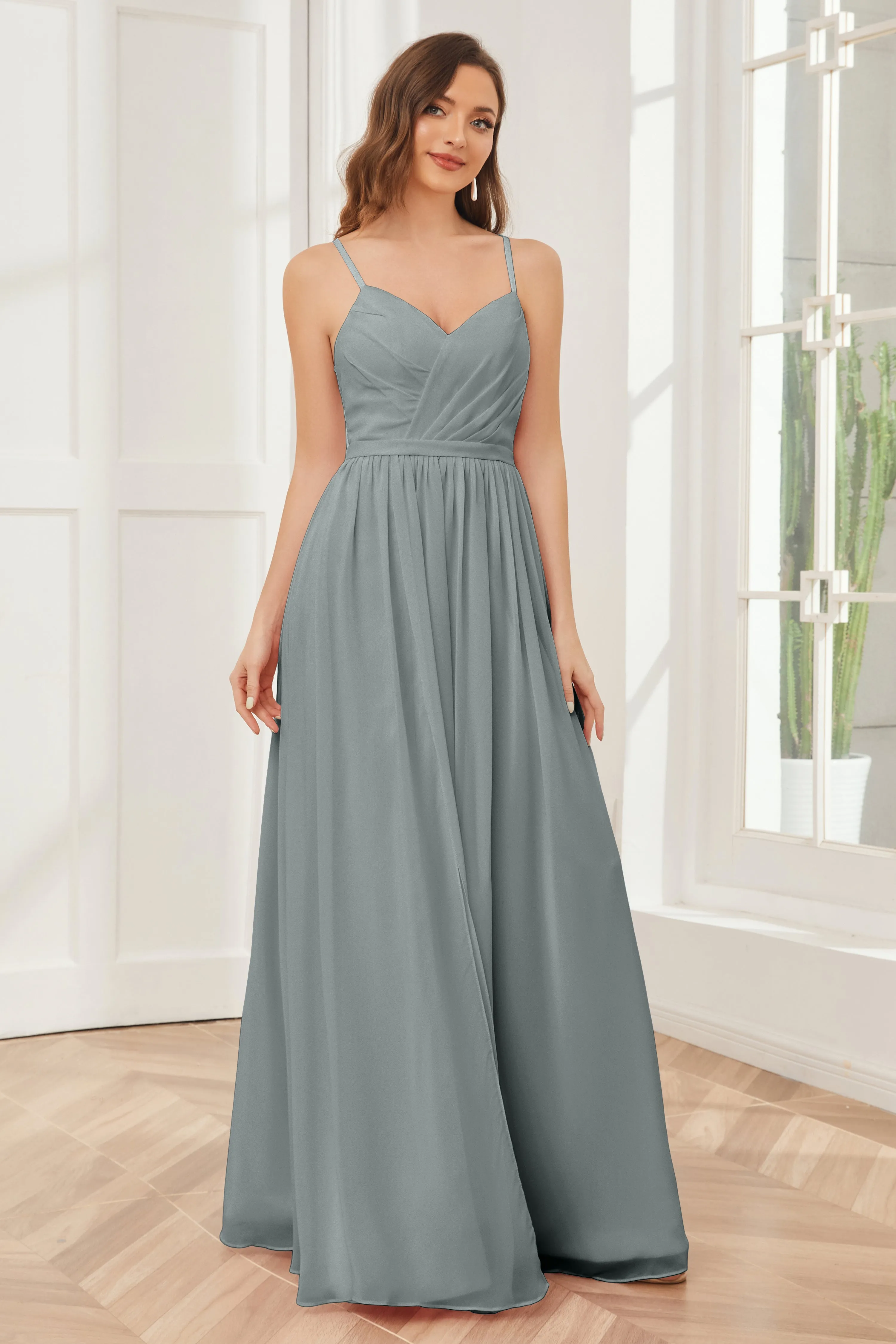 A-line Spaghetti Straps Chiffon Long Bridesmaid Dresses