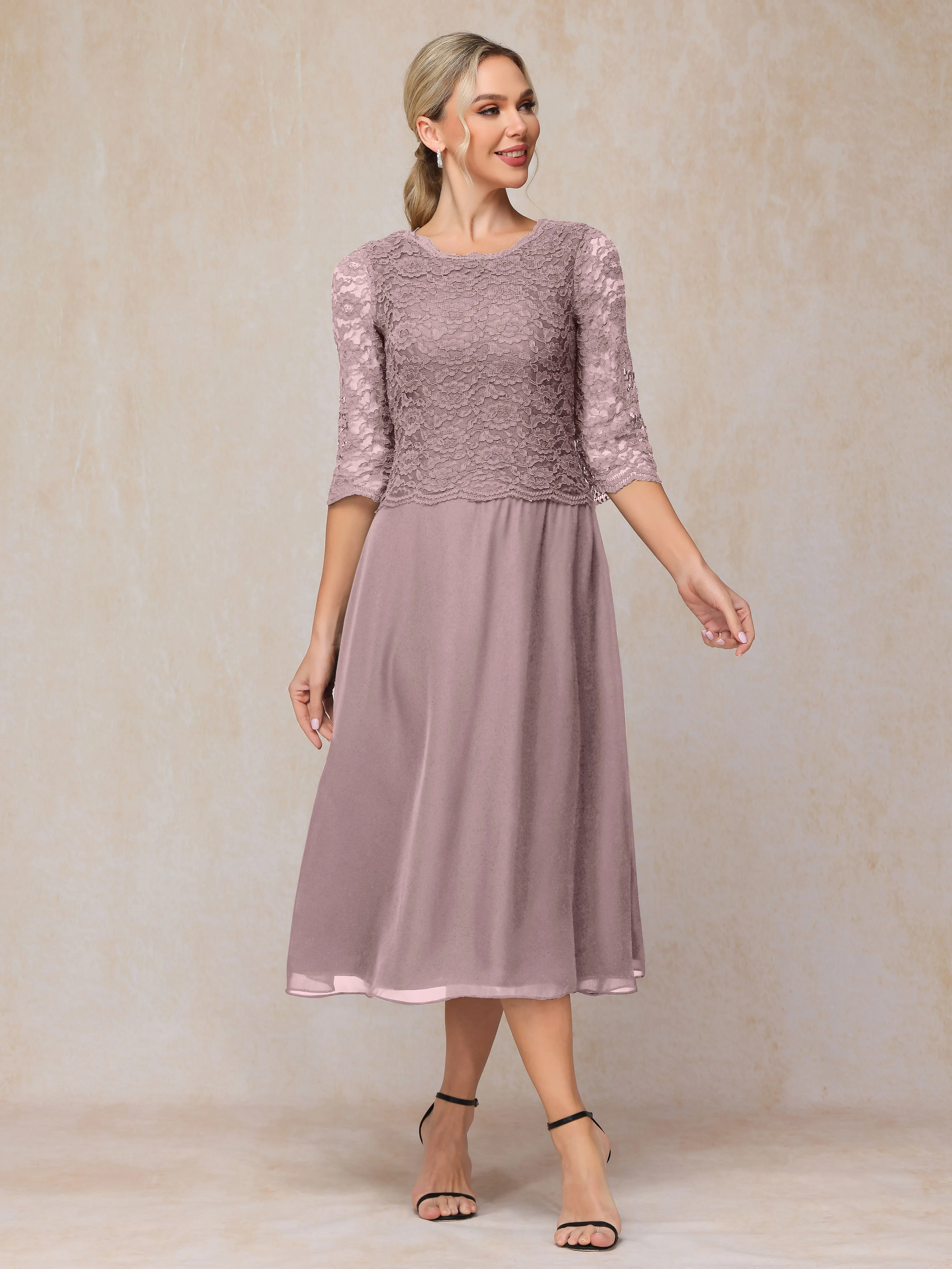 A-Line Tea Length Chiffon Mother of the Bride Dresses With Lace