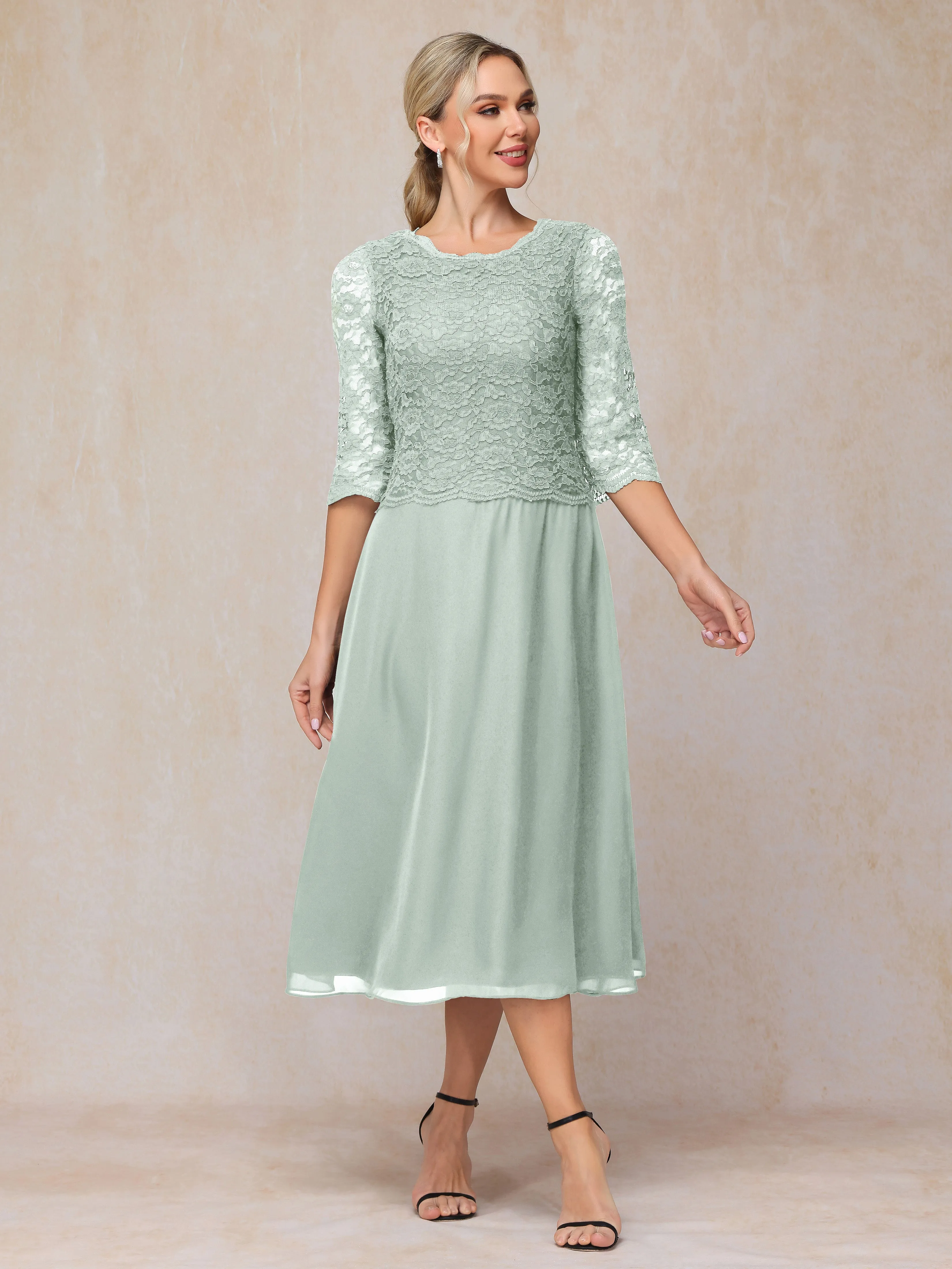 A-Line Tea Length Chiffon Mother of the Bride Dresses With Lace