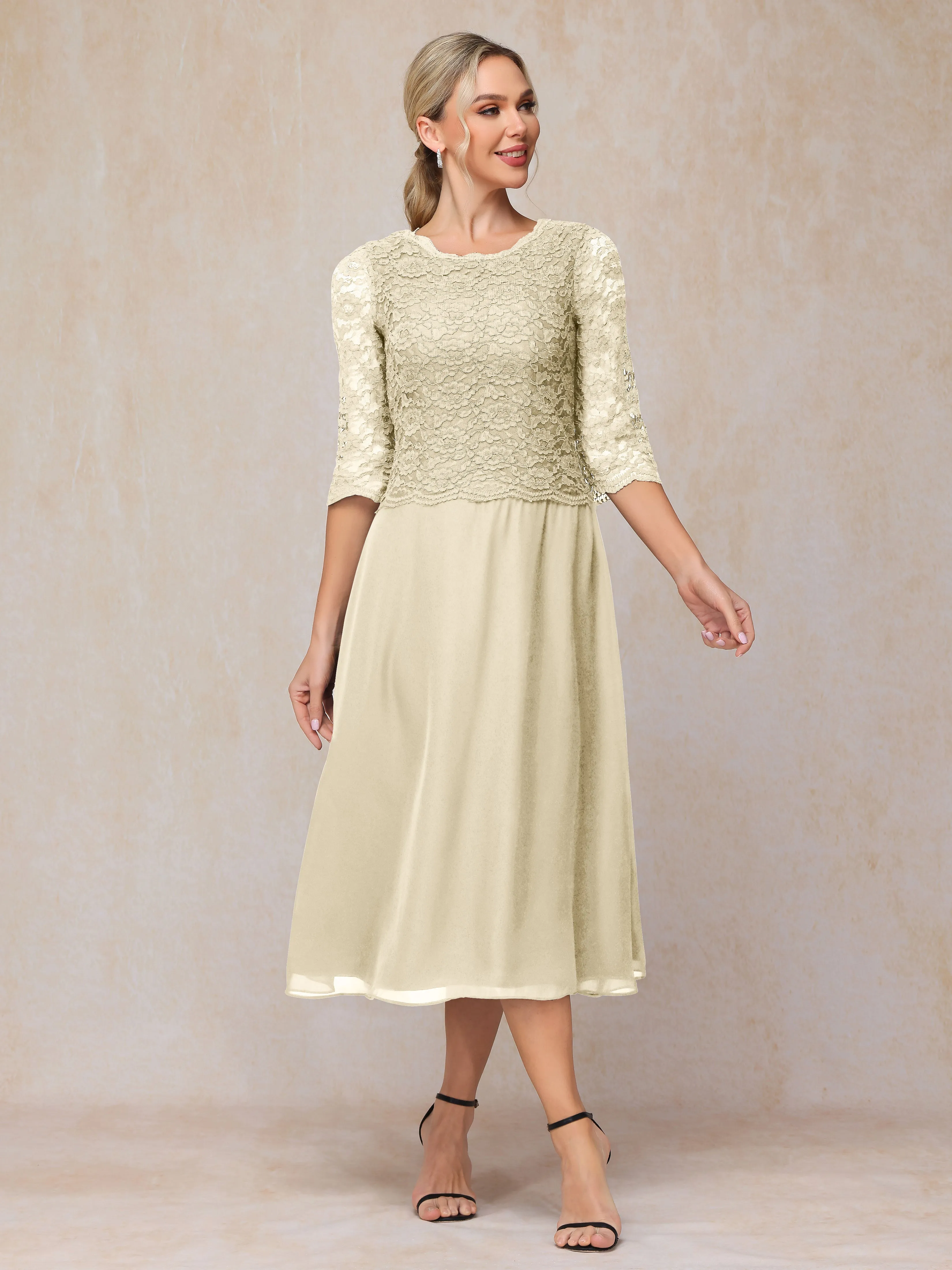 A-Line Tea Length Chiffon Mother of the Bride Dresses With Lace