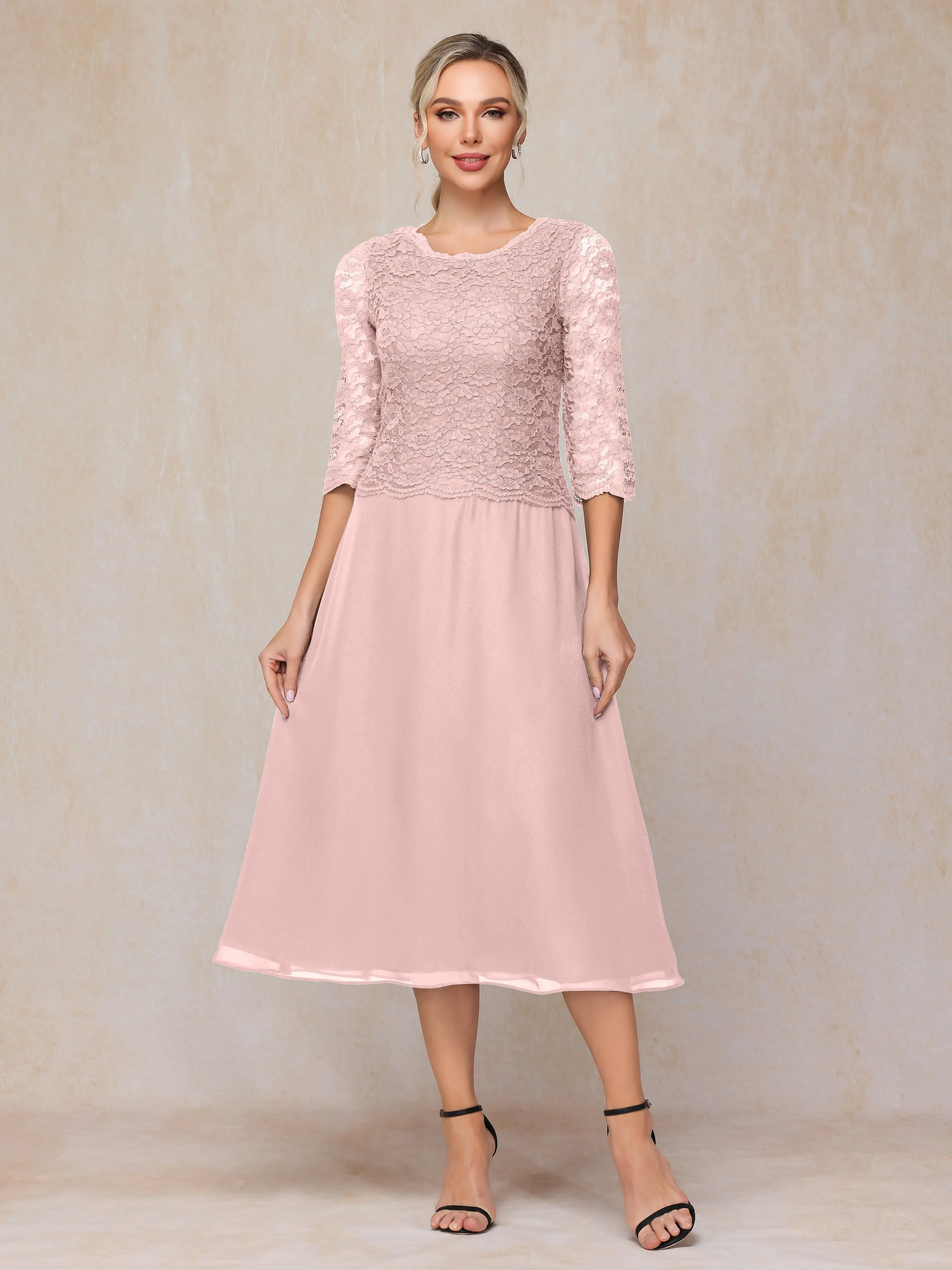 A-Line Tea Length Chiffon Mother of the Bride Dresses With Lace