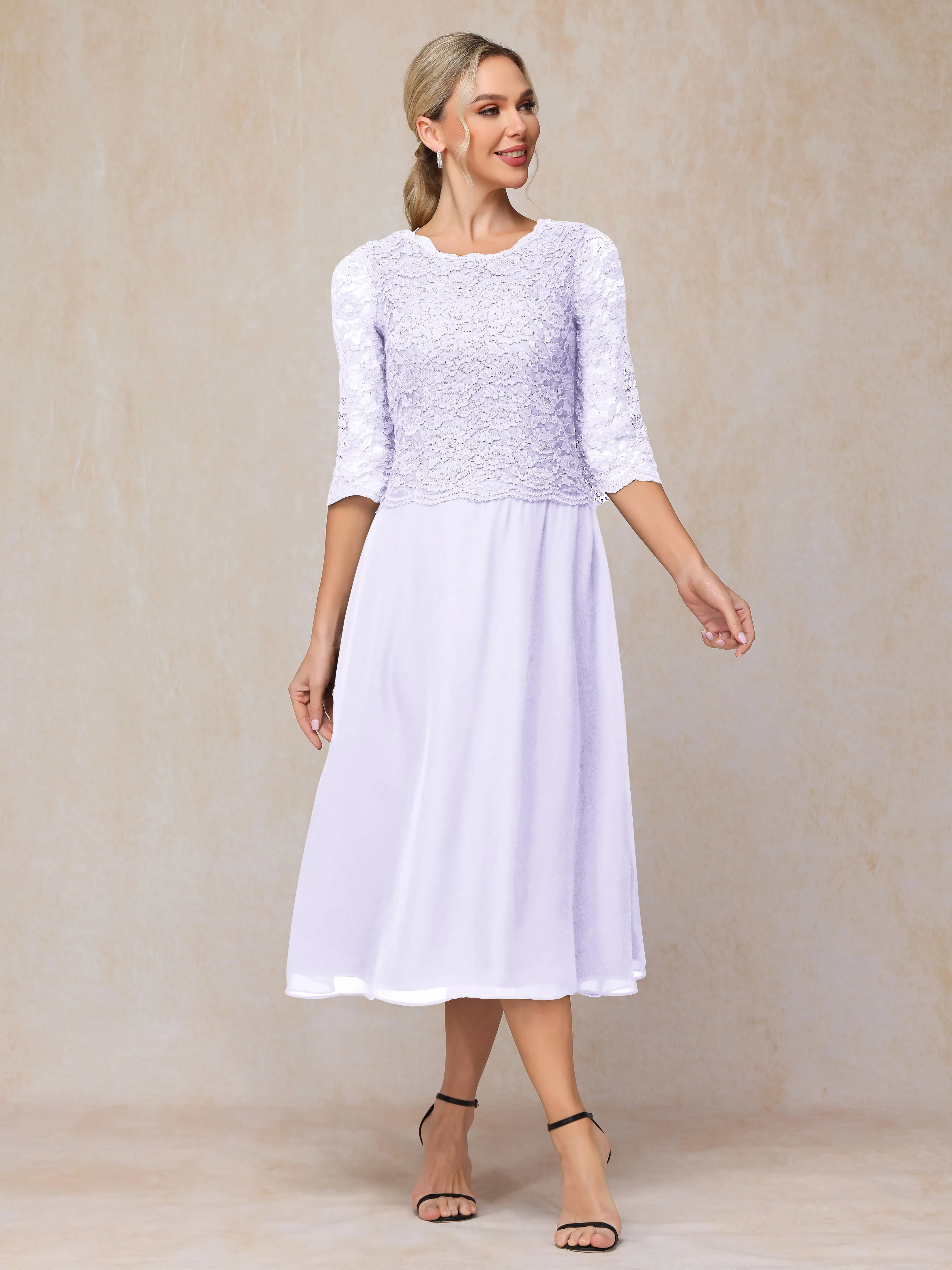 A-Line Tea Length Chiffon Mother of the Bride Dresses With Lace