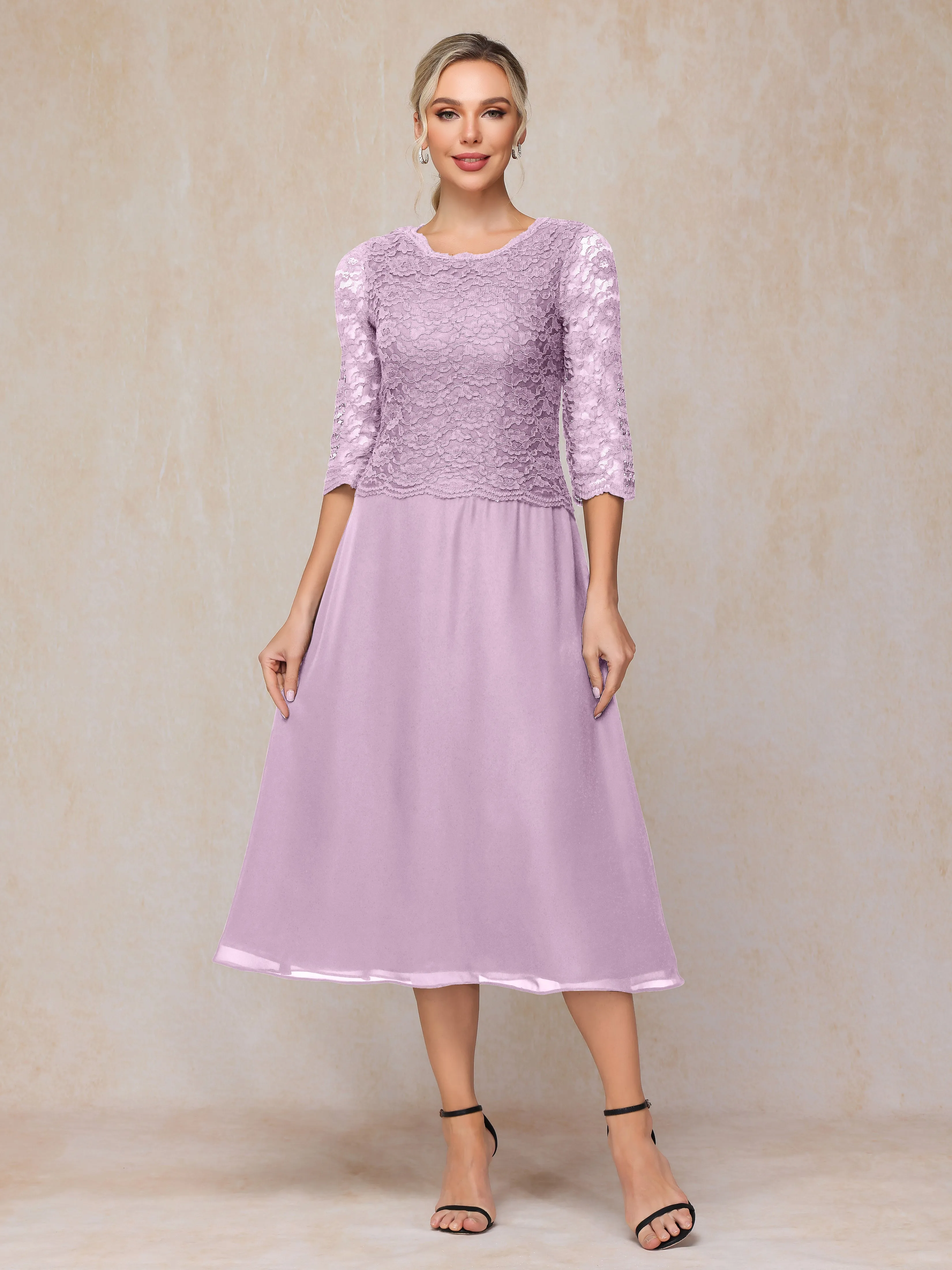 A-Line Tea Length Chiffon Mother of the Bride Dresses With Lace