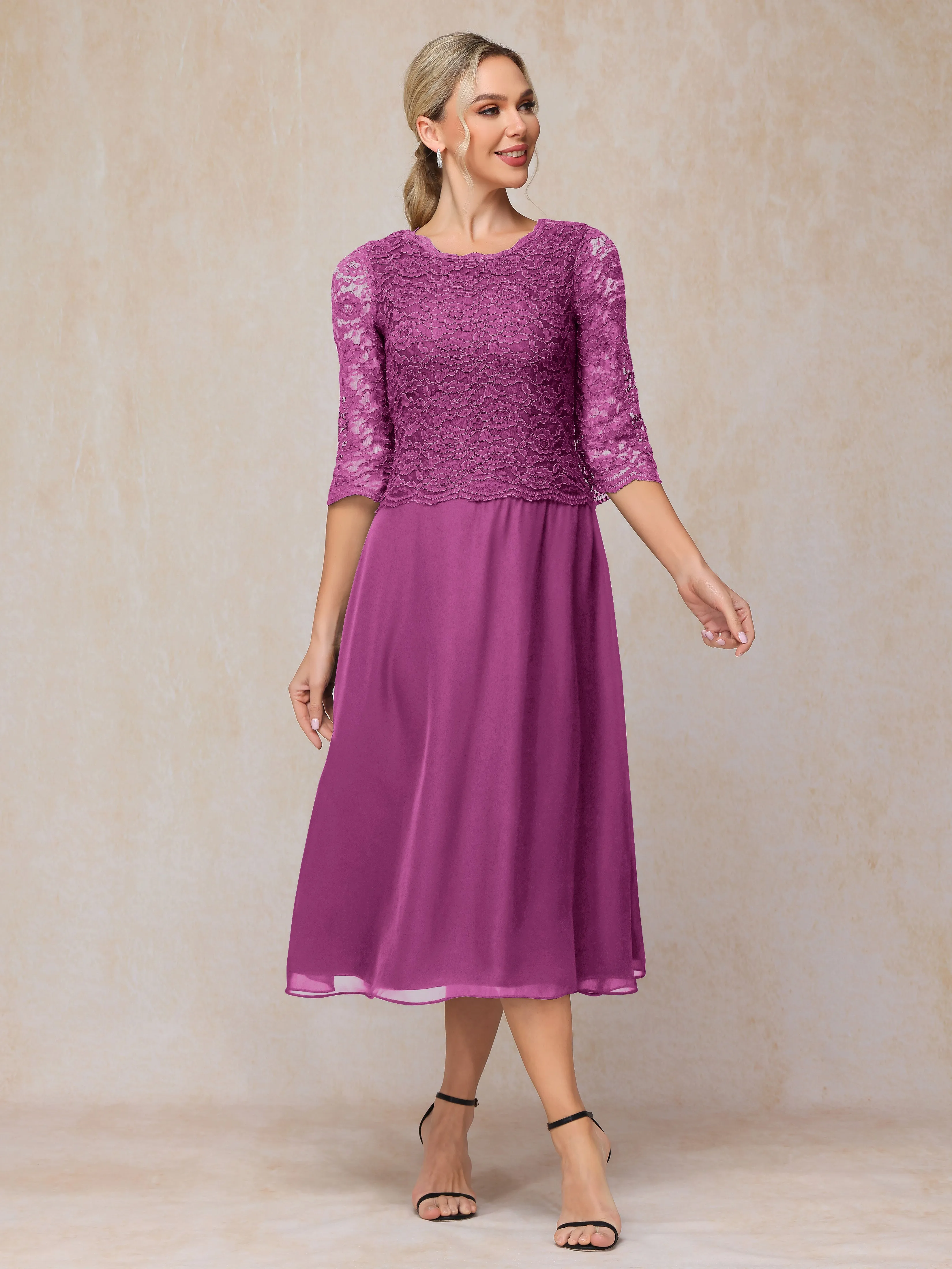 A-Line Tea Length Chiffon Mother of the Bride Dresses With Lace