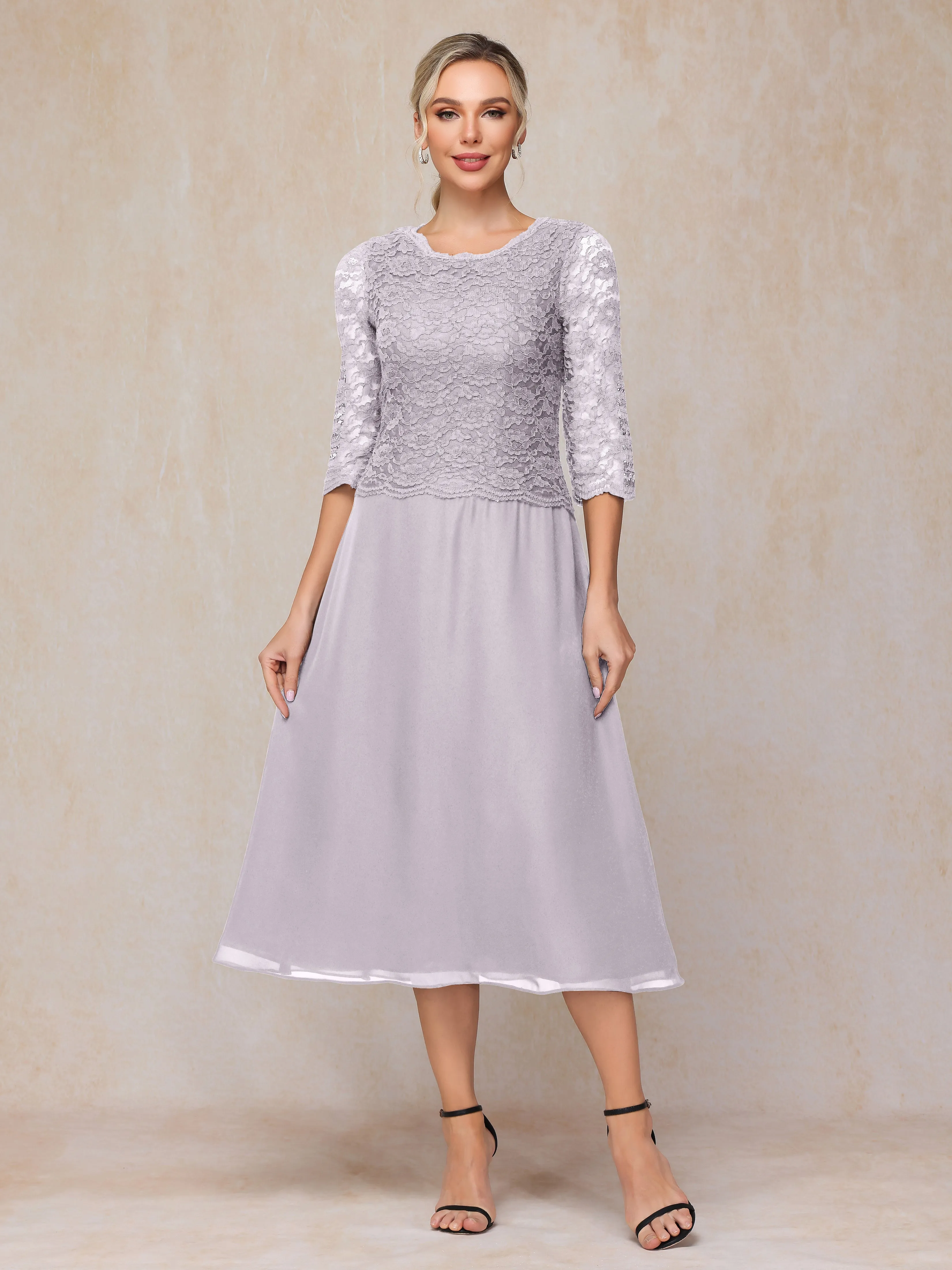 A-Line Tea Length Chiffon Mother of the Bride Dresses With Lace