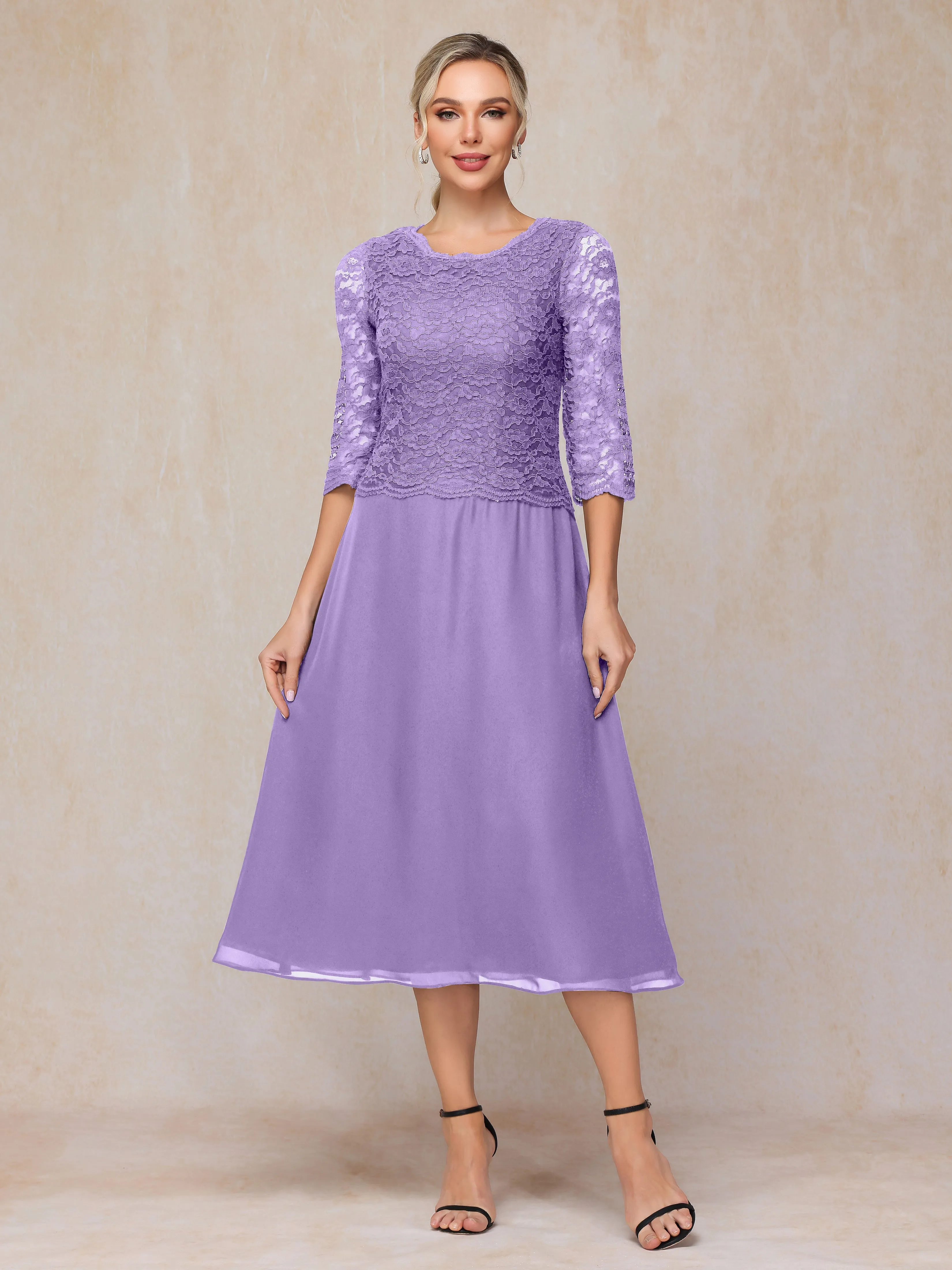 A-Line Tea Length Chiffon Mother of the Bride Dresses With Lace