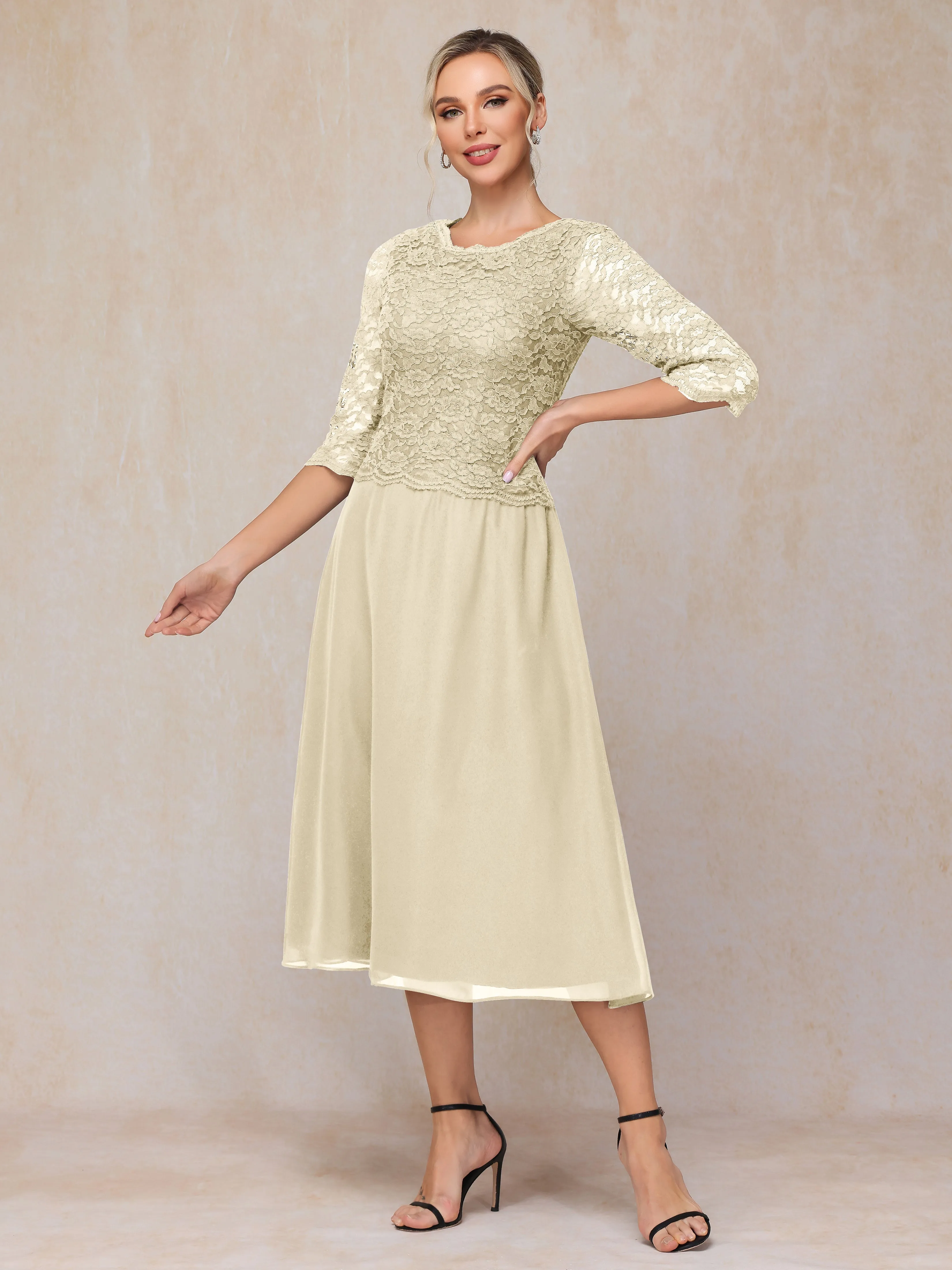 A-Line Tea Length Chiffon Mother of the Bride Dresses With Lace