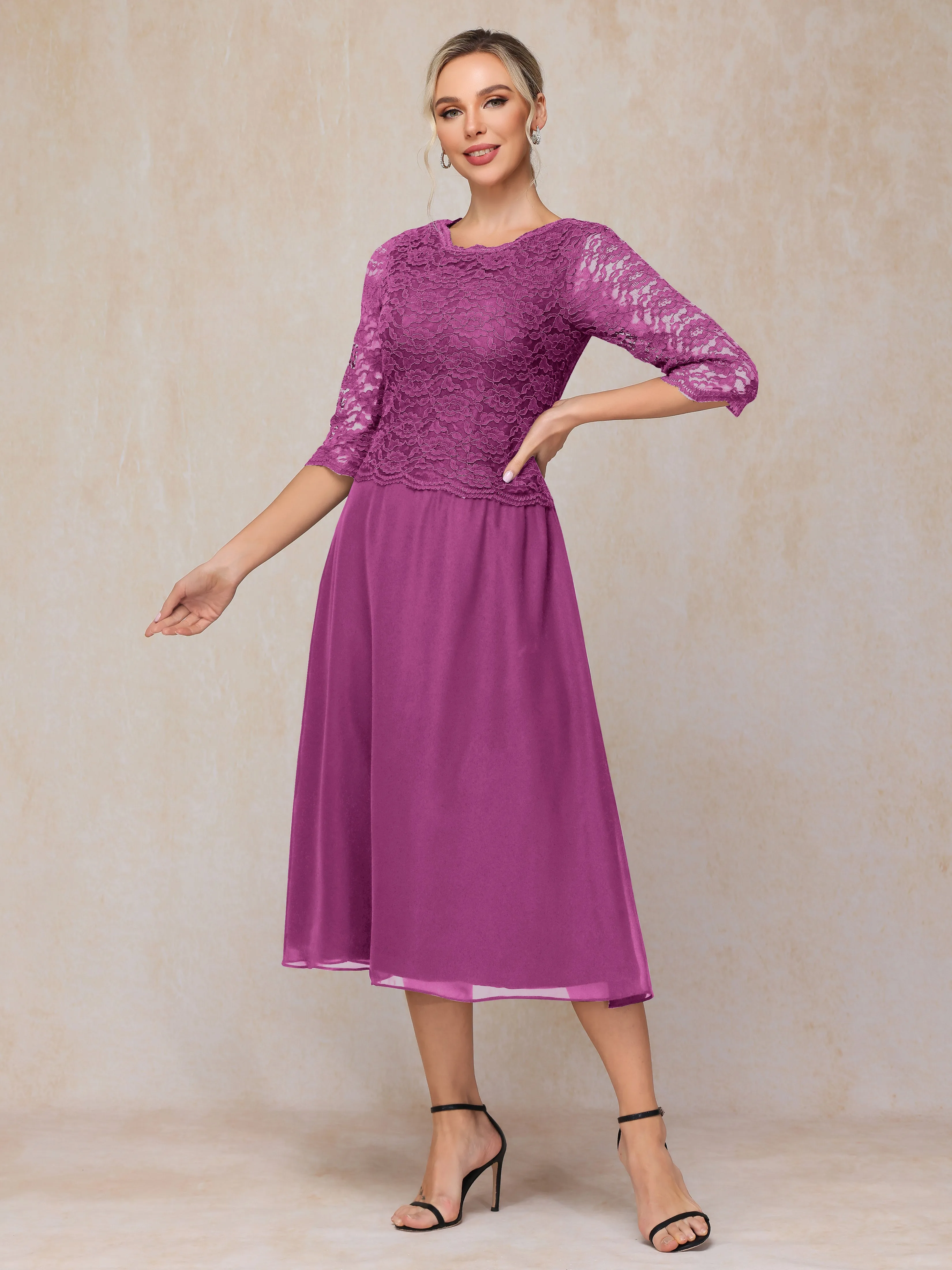 A-Line Tea Length Chiffon Mother of the Bride Dresses With Lace