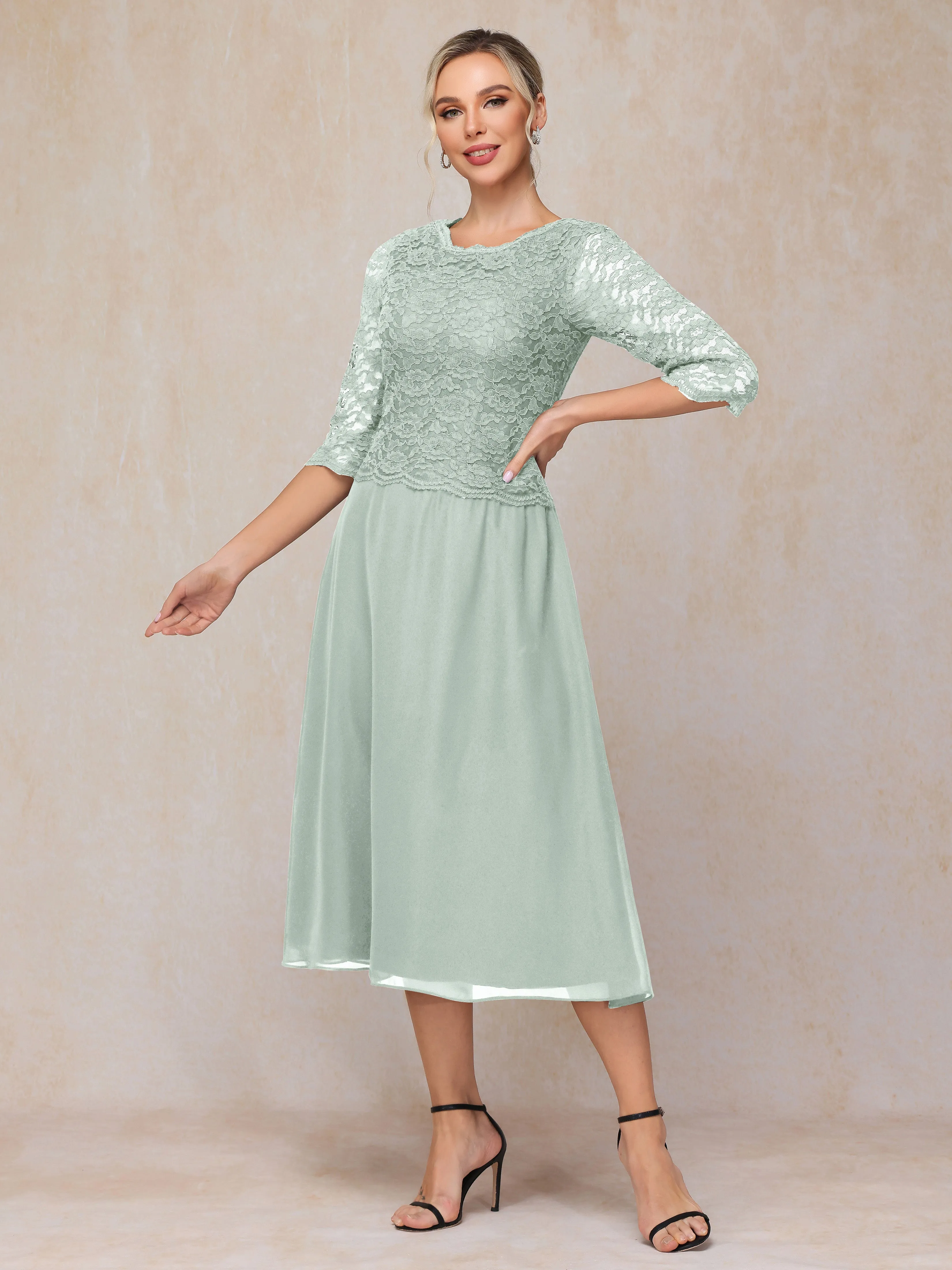 A-Line Tea Length Chiffon Mother of the Bride Dresses With Lace