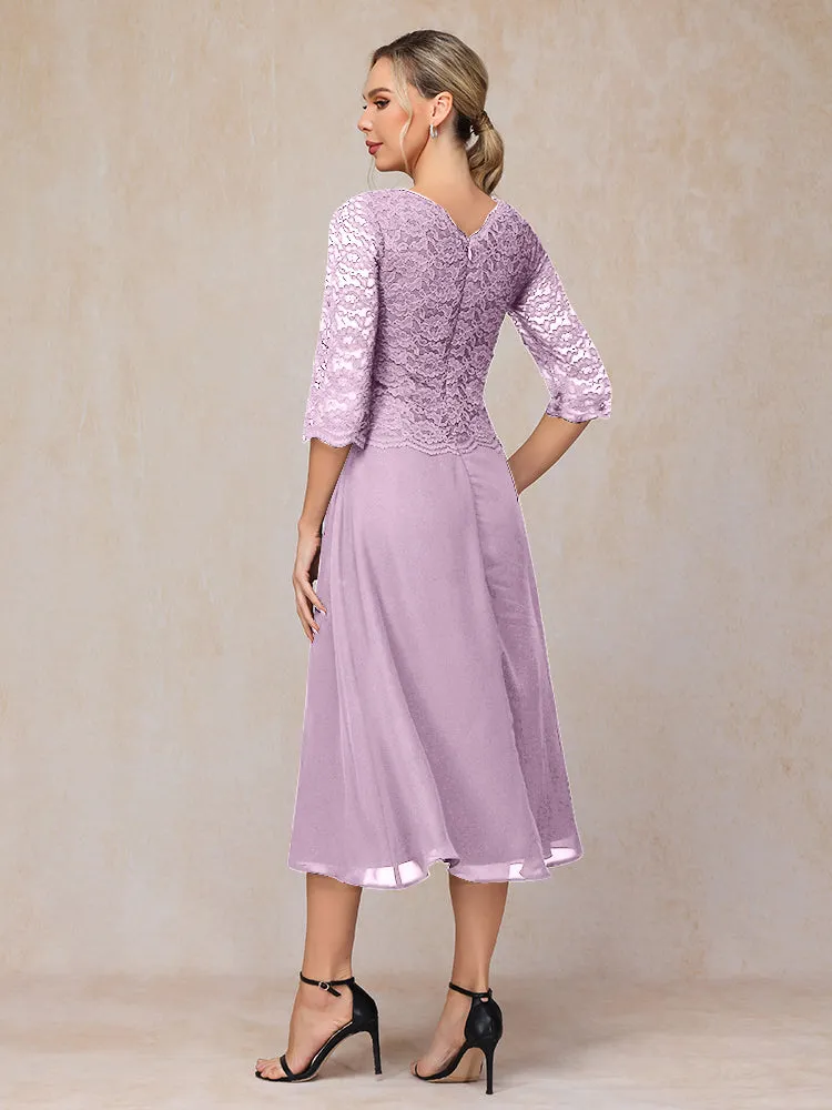 A-Line Tea Length Chiffon Mother of the Bride Dresses With Lace