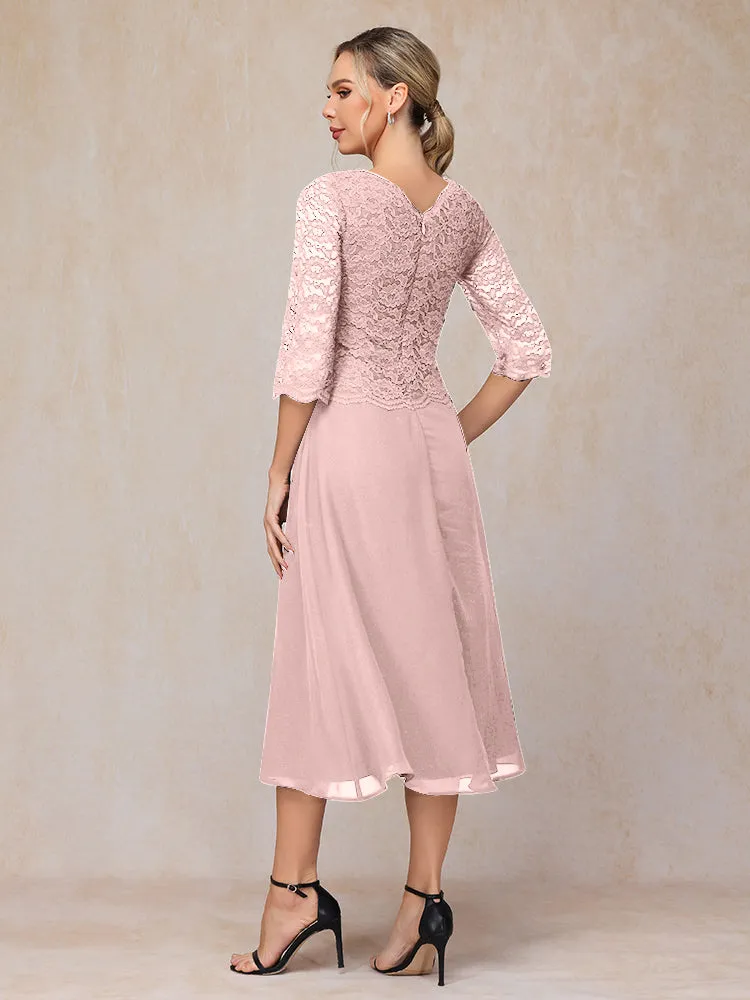 A-Line Tea Length Chiffon Mother of the Bride Dresses With Lace