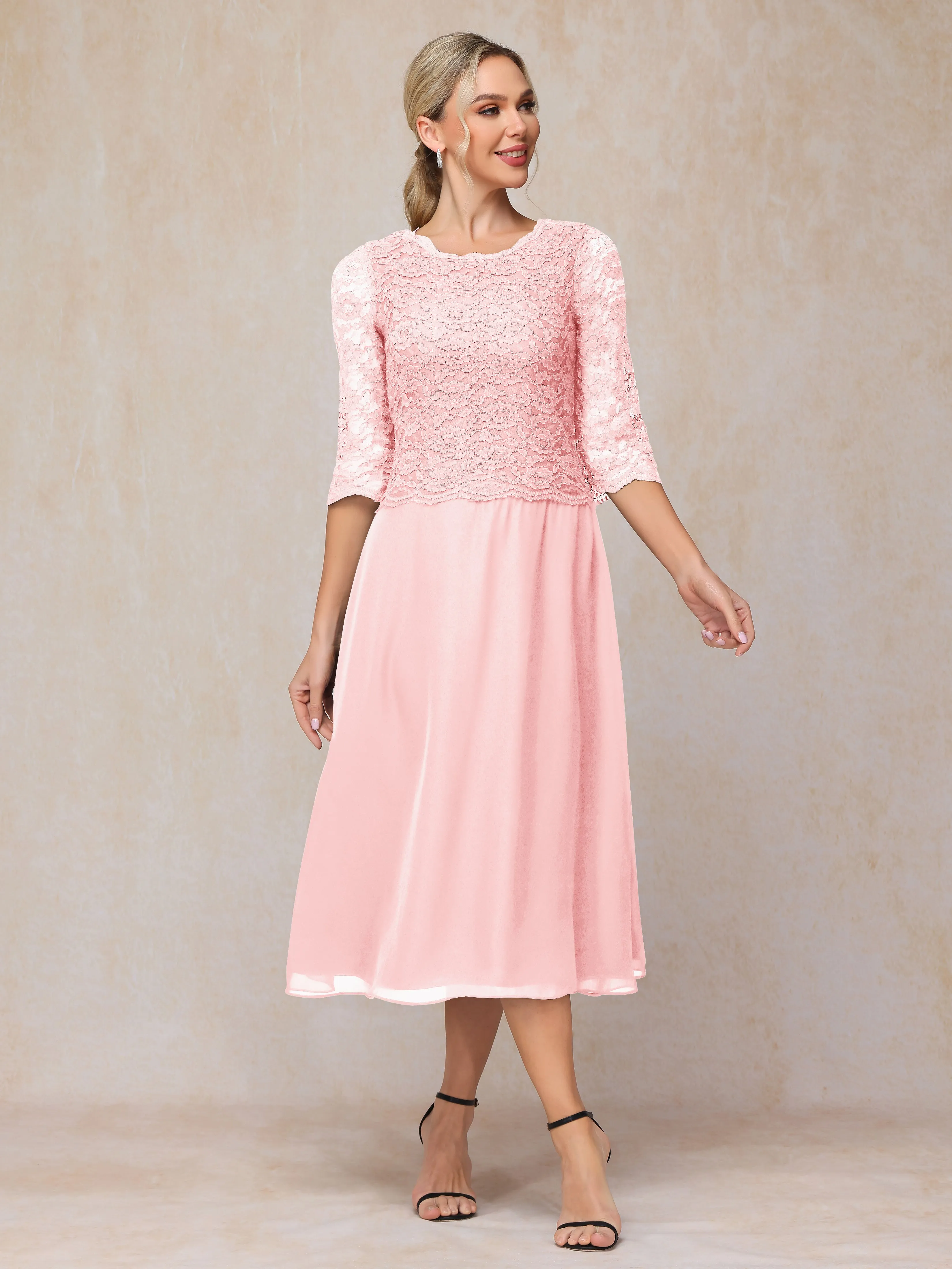 A-Line Tea Length Chiffon Mother of the Bride Dresses With Lace