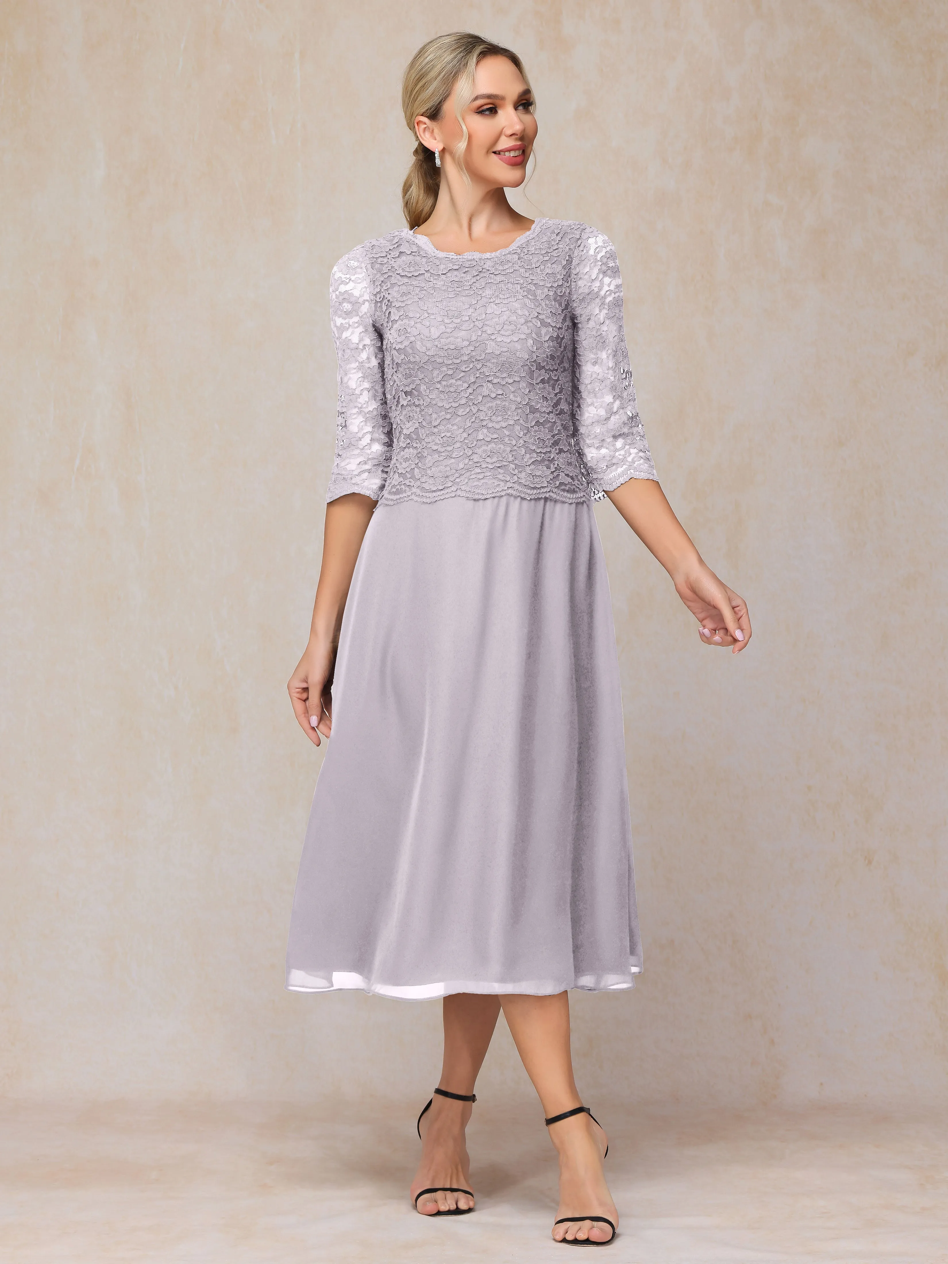 A-Line Tea Length Chiffon Mother of the Bride Dresses With Lace