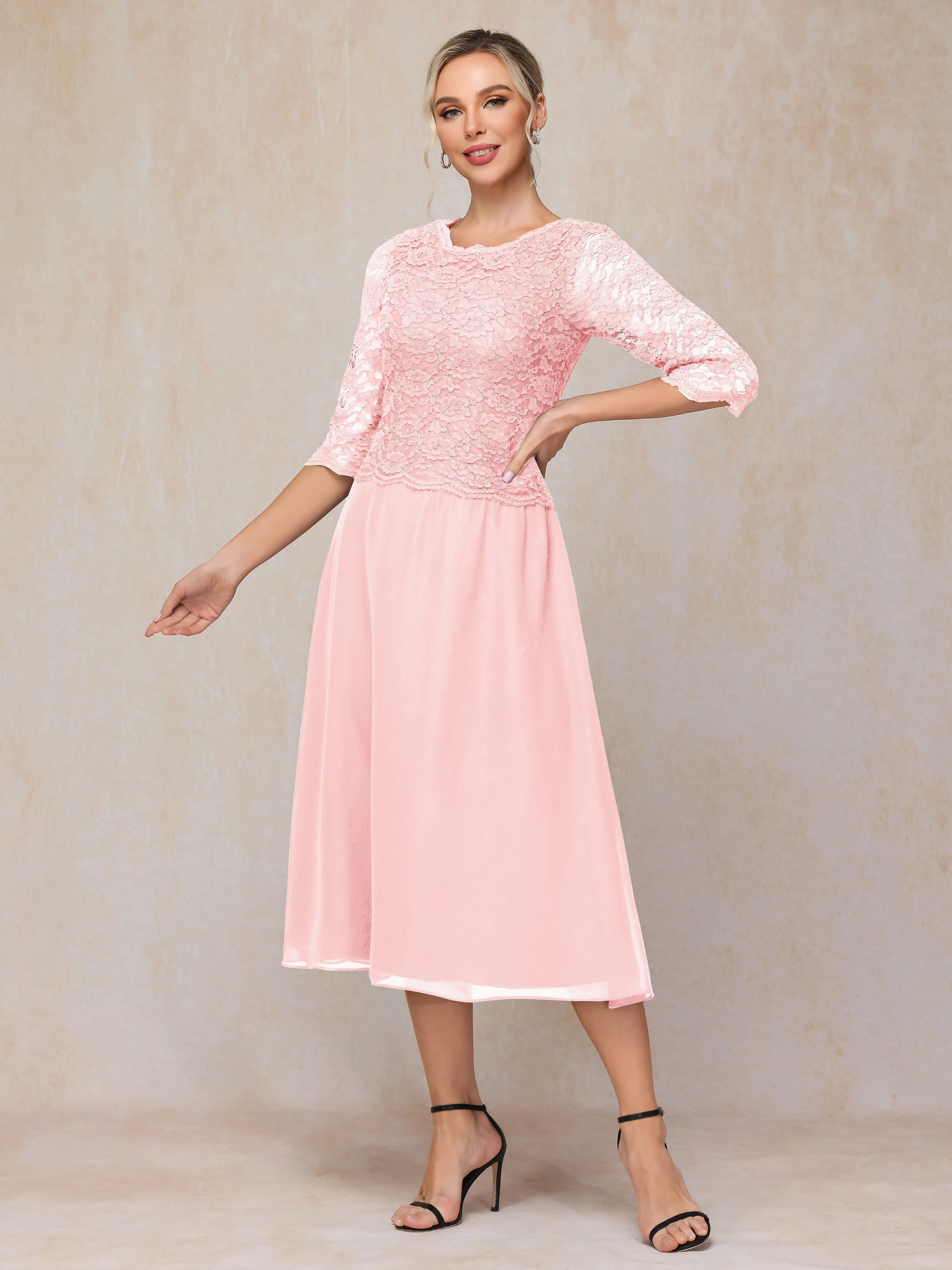 A-Line Tea Length Chiffon Mother of the Bride Dresses With Lace