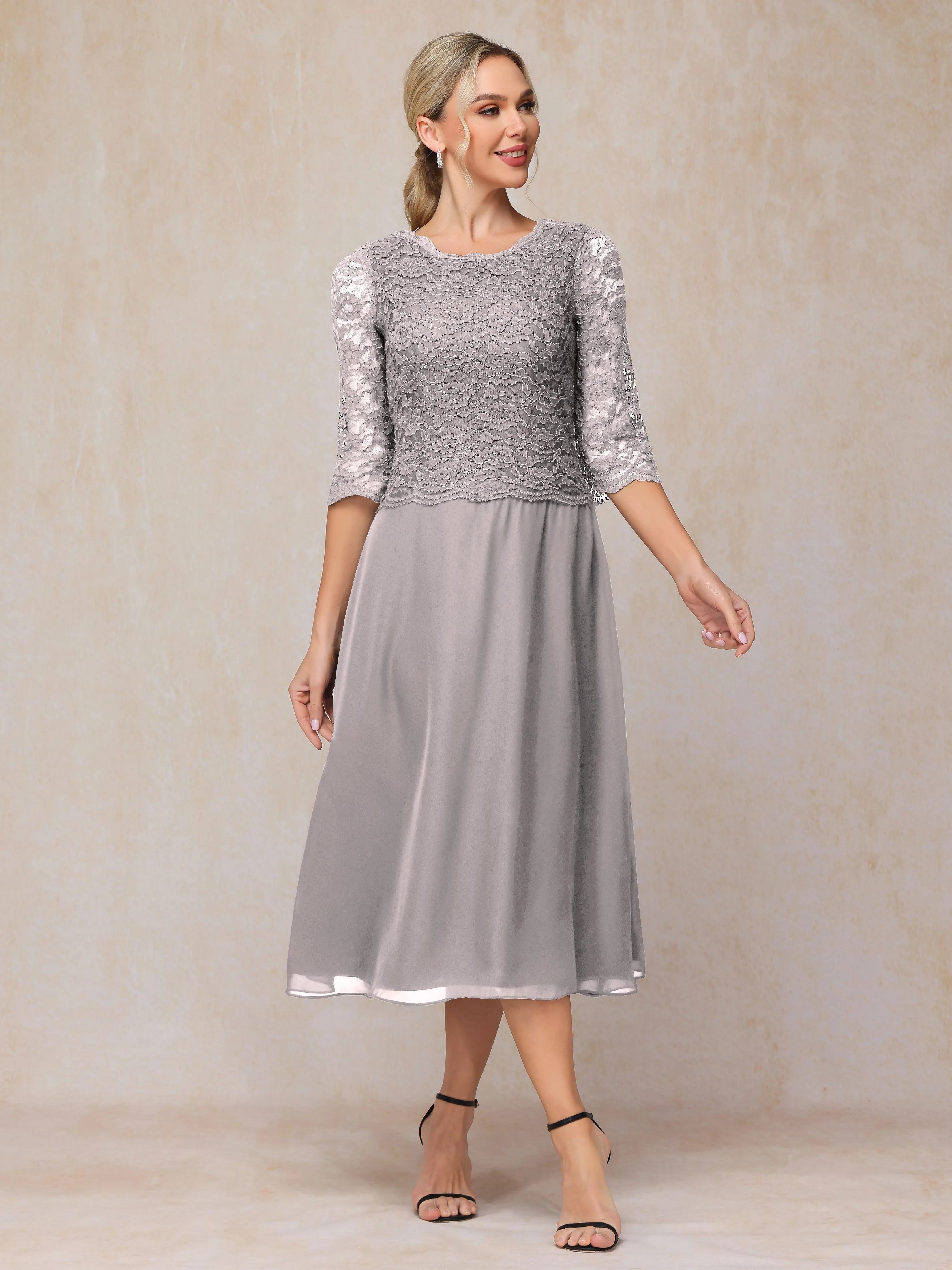 A-Line Tea Length Chiffon Mother of the Bride Dresses With Lace