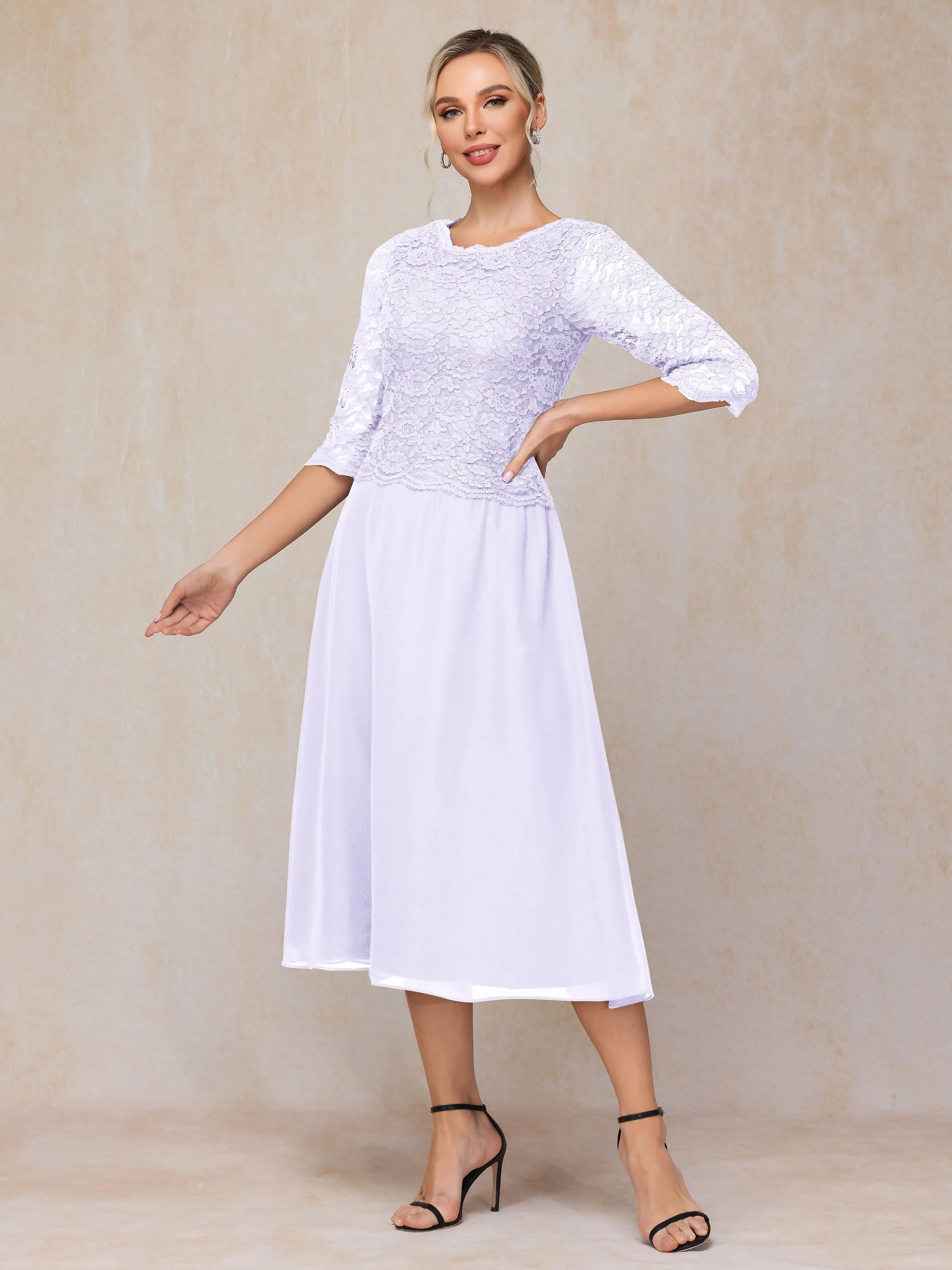 A-Line Tea Length Chiffon Mother of the Bride Dresses With Lace