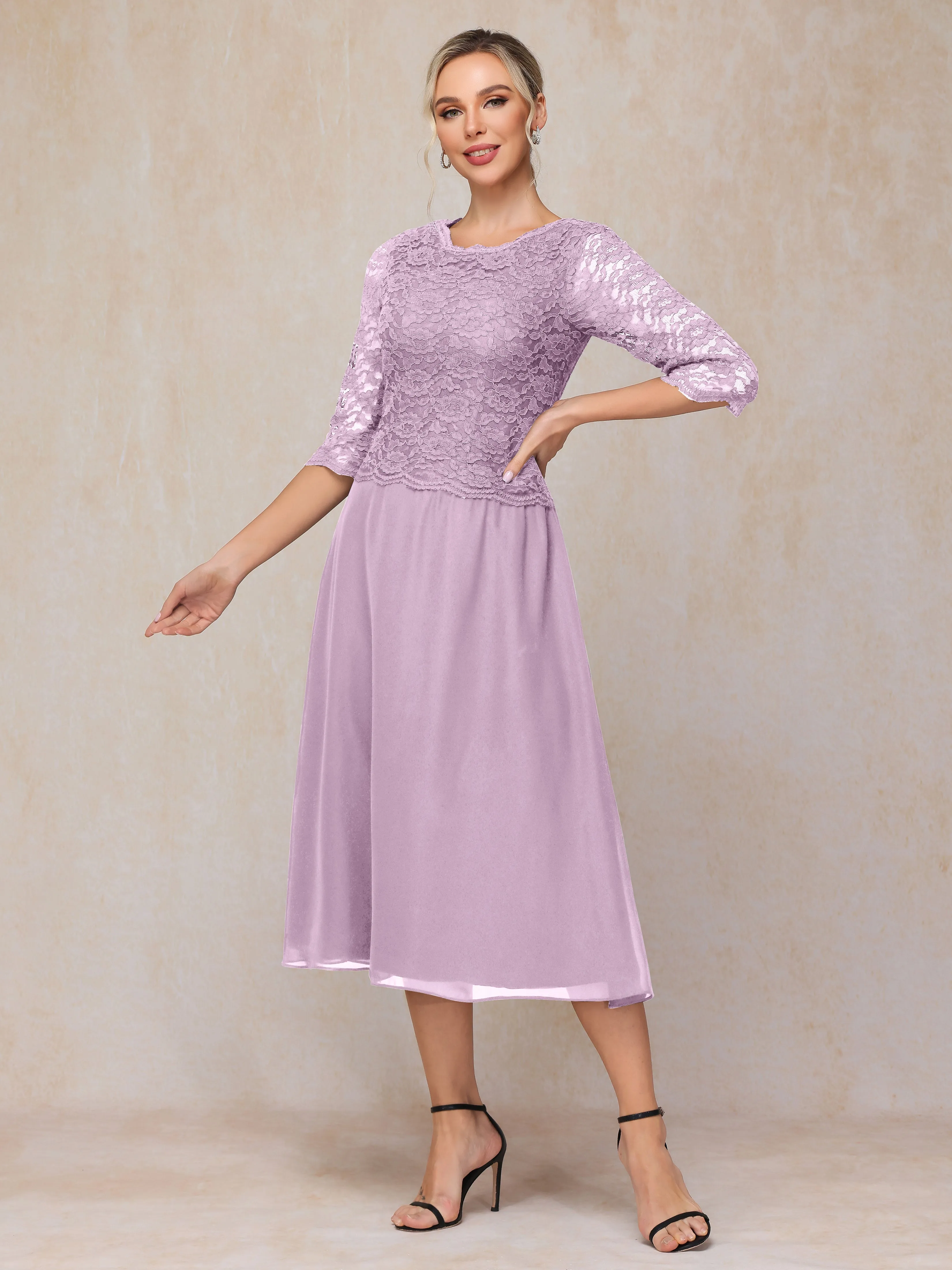 A-Line Tea Length Chiffon Mother of the Bride Dresses With Lace