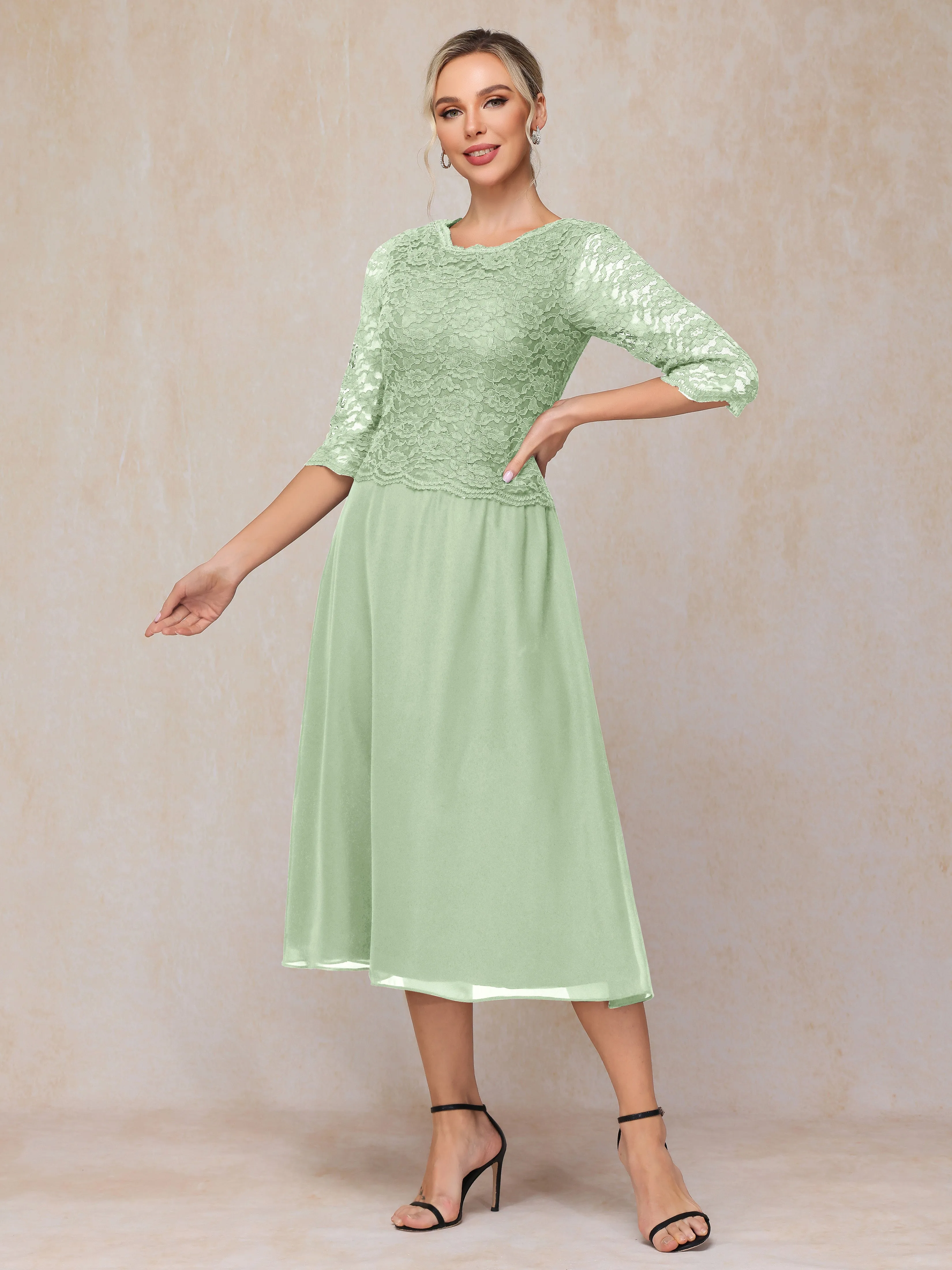 A-Line Tea Length Chiffon Mother of the Bride Dresses With Lace