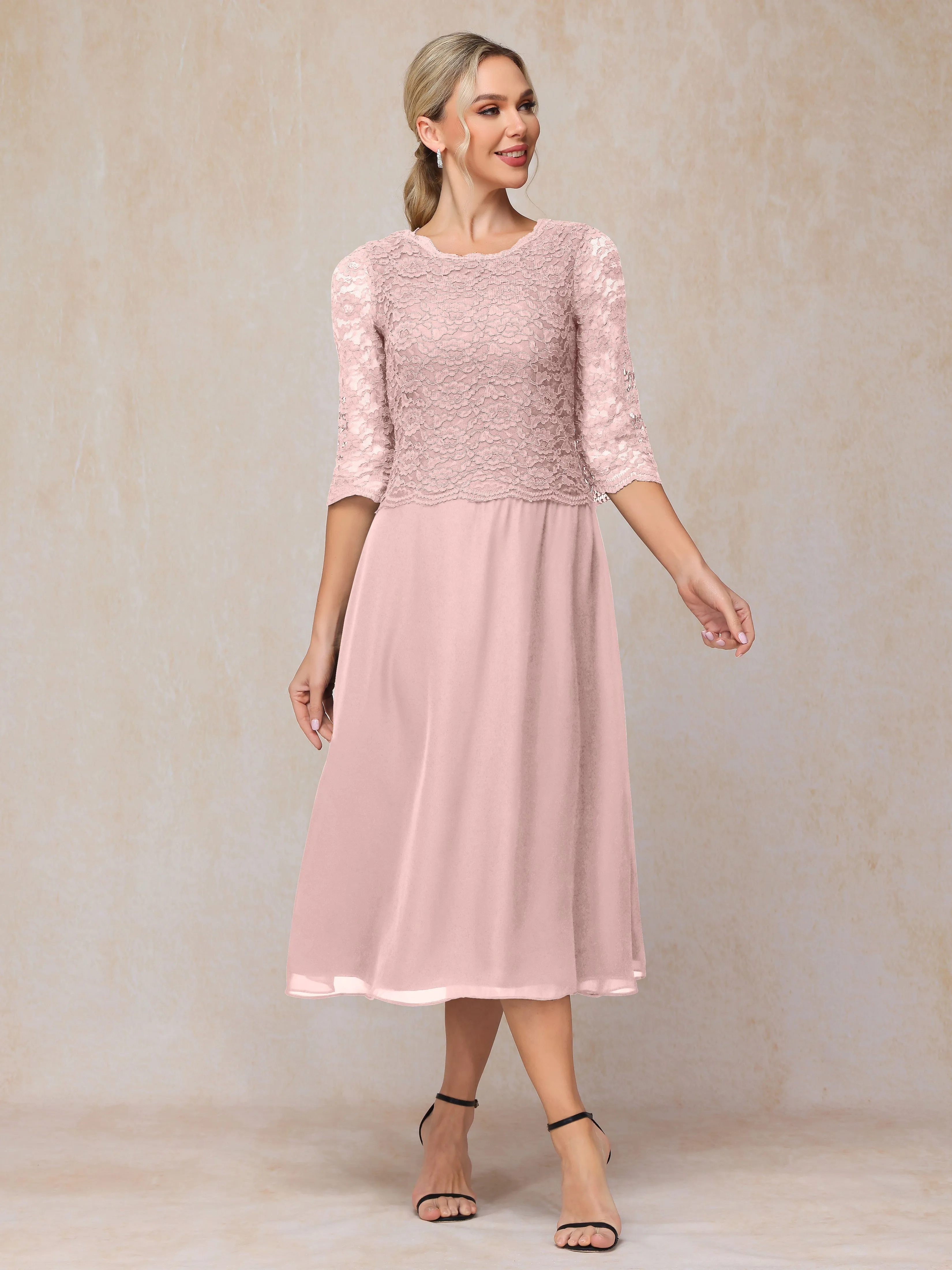 A-Line Tea Length Chiffon Mother of the Bride Dresses With Lace