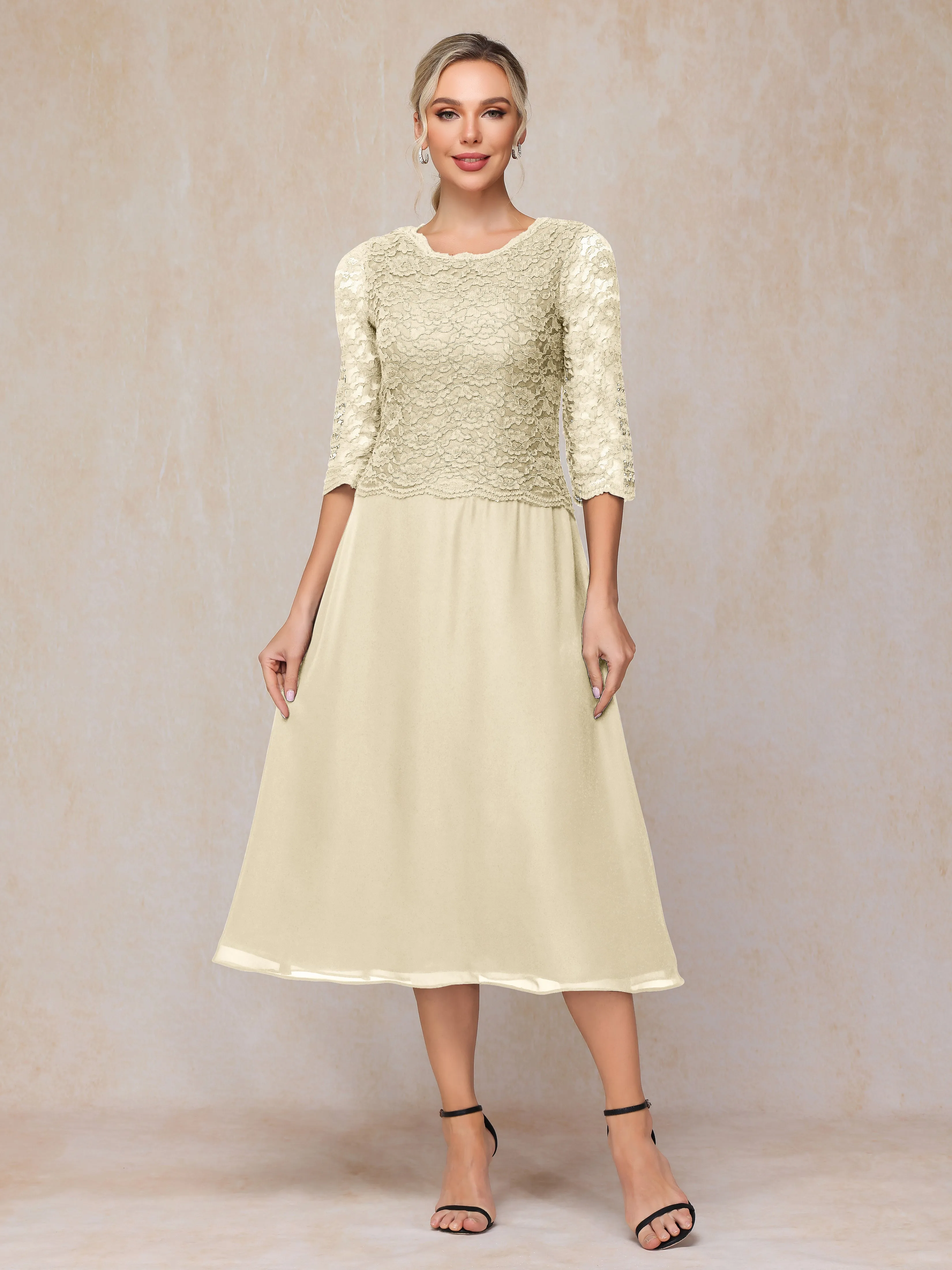 A-Line Tea Length Chiffon Mother of the Bride Dresses With Lace