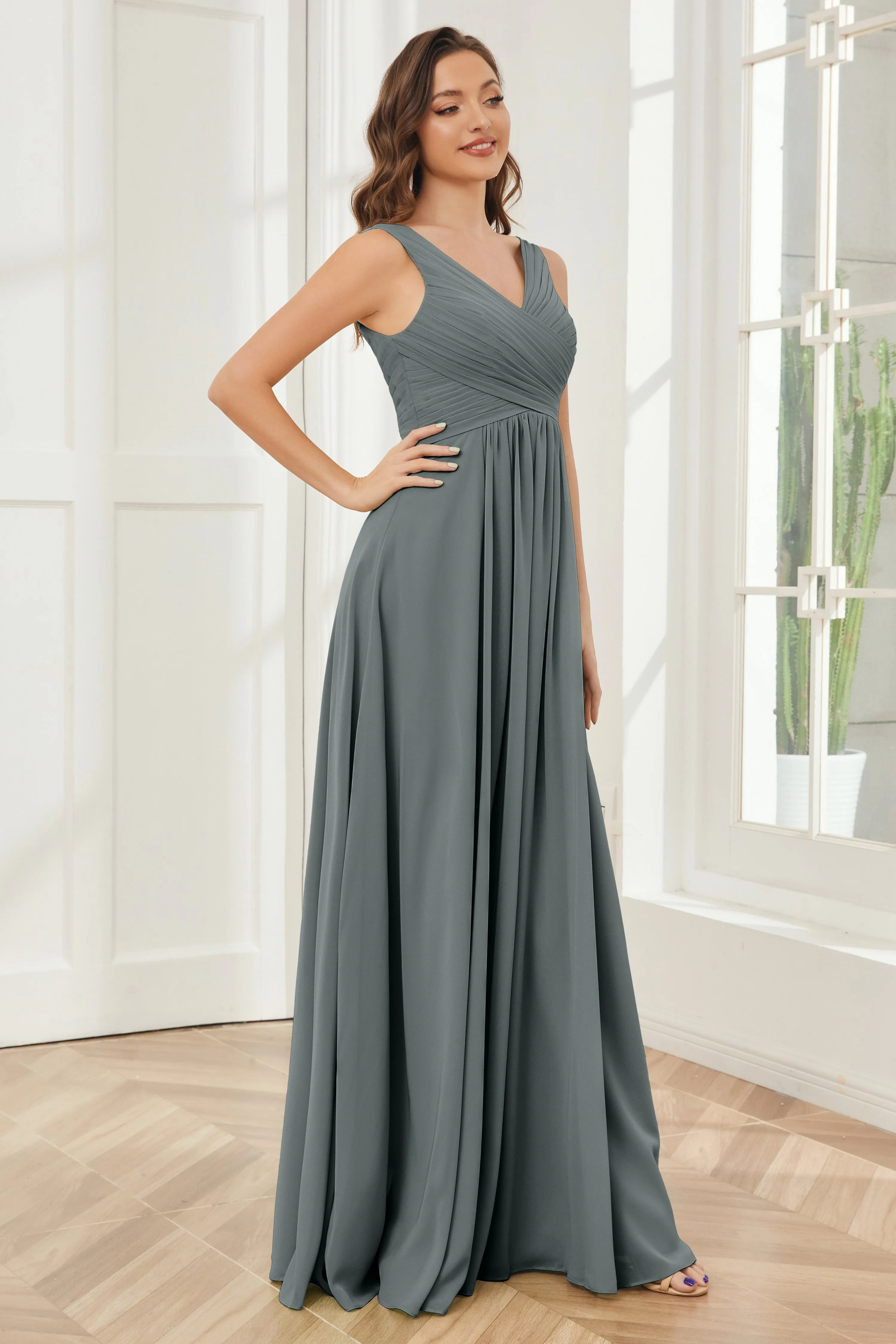 A-line V-neck Floor Length Chiffon Bridesmaid Dresses