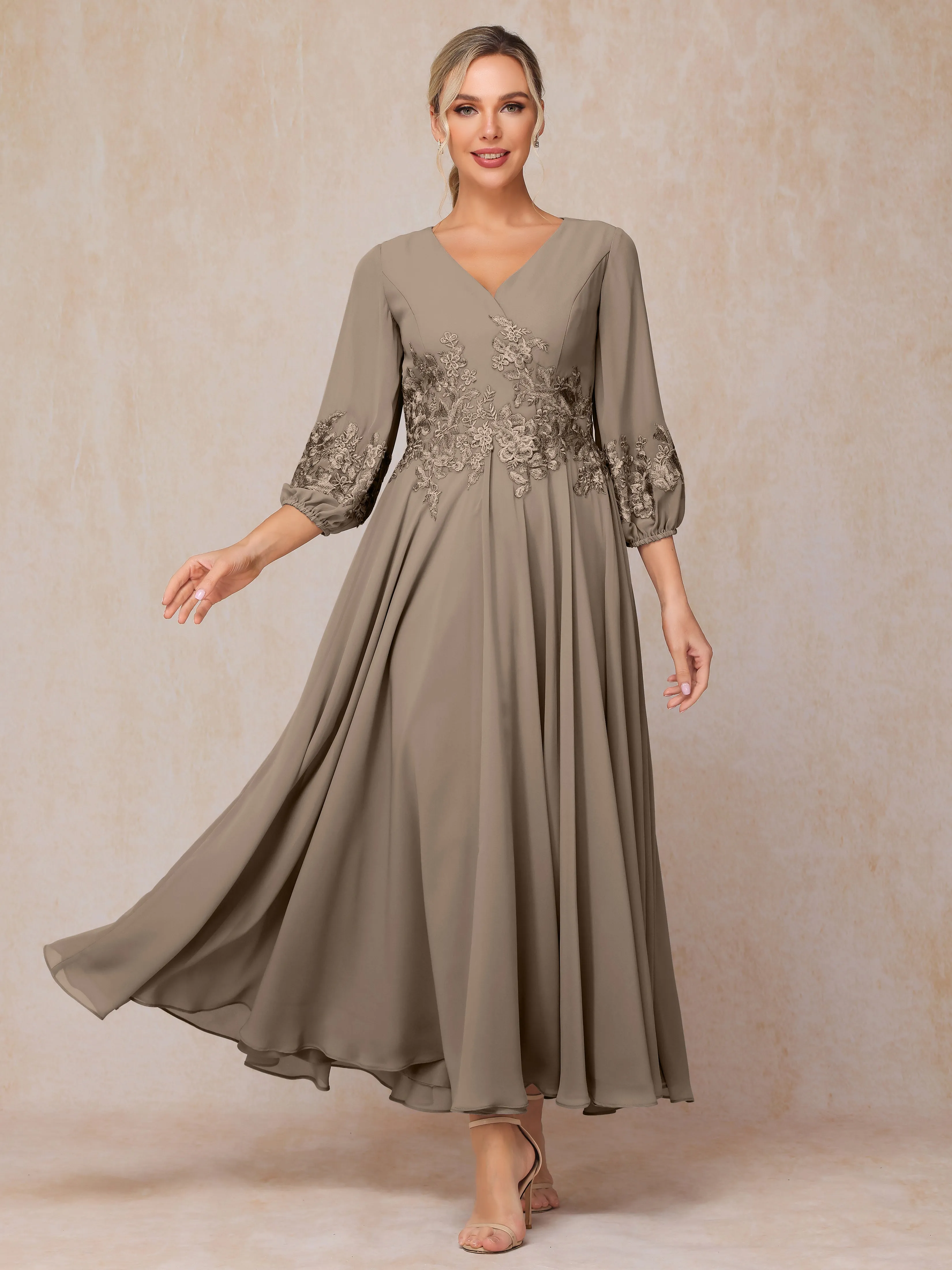 A-Line V Neck Lace Chiffon Mother of the Bride Dress