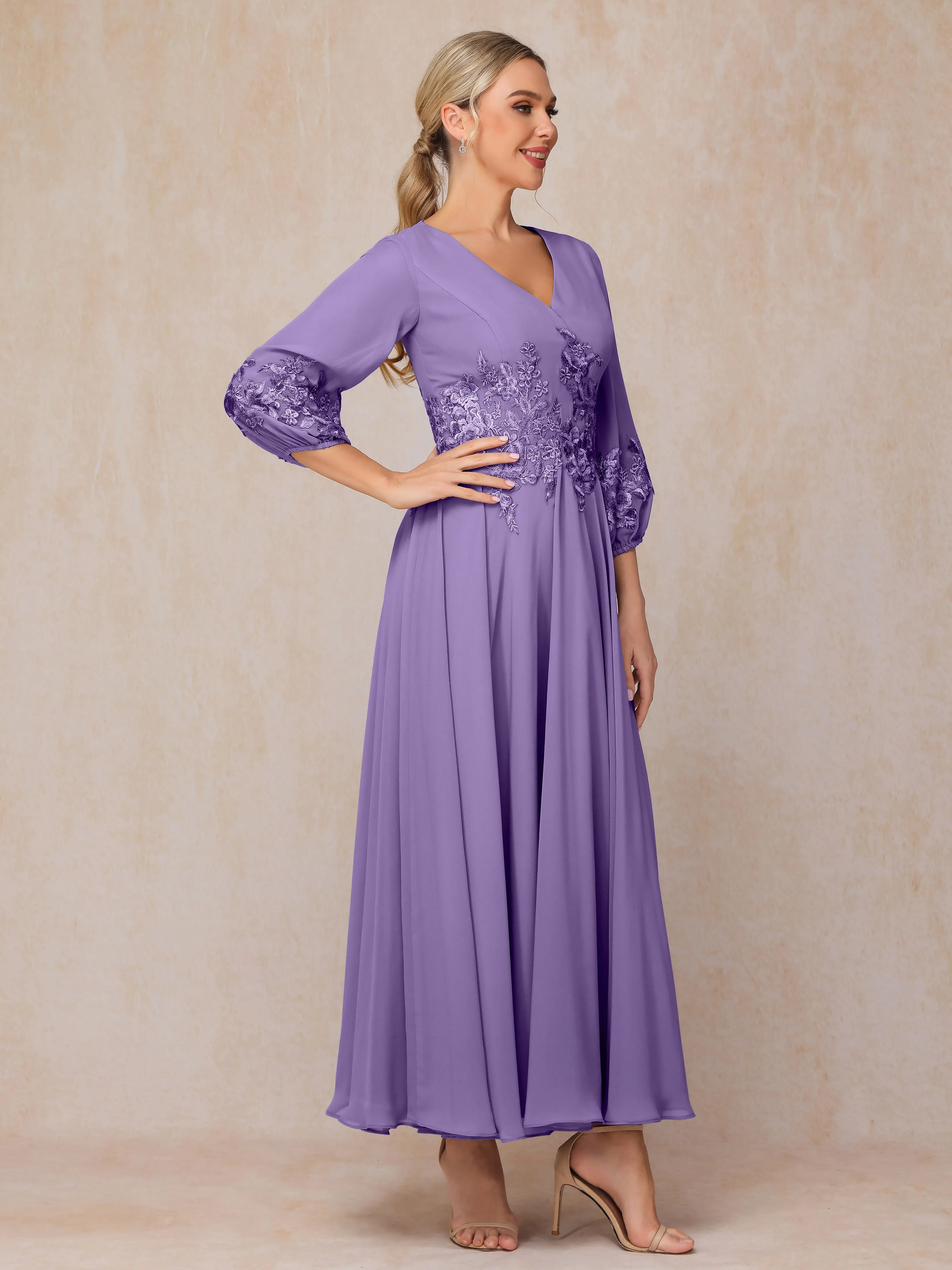 A-Line V Neck Lace Chiffon Mother of the Bride Dress