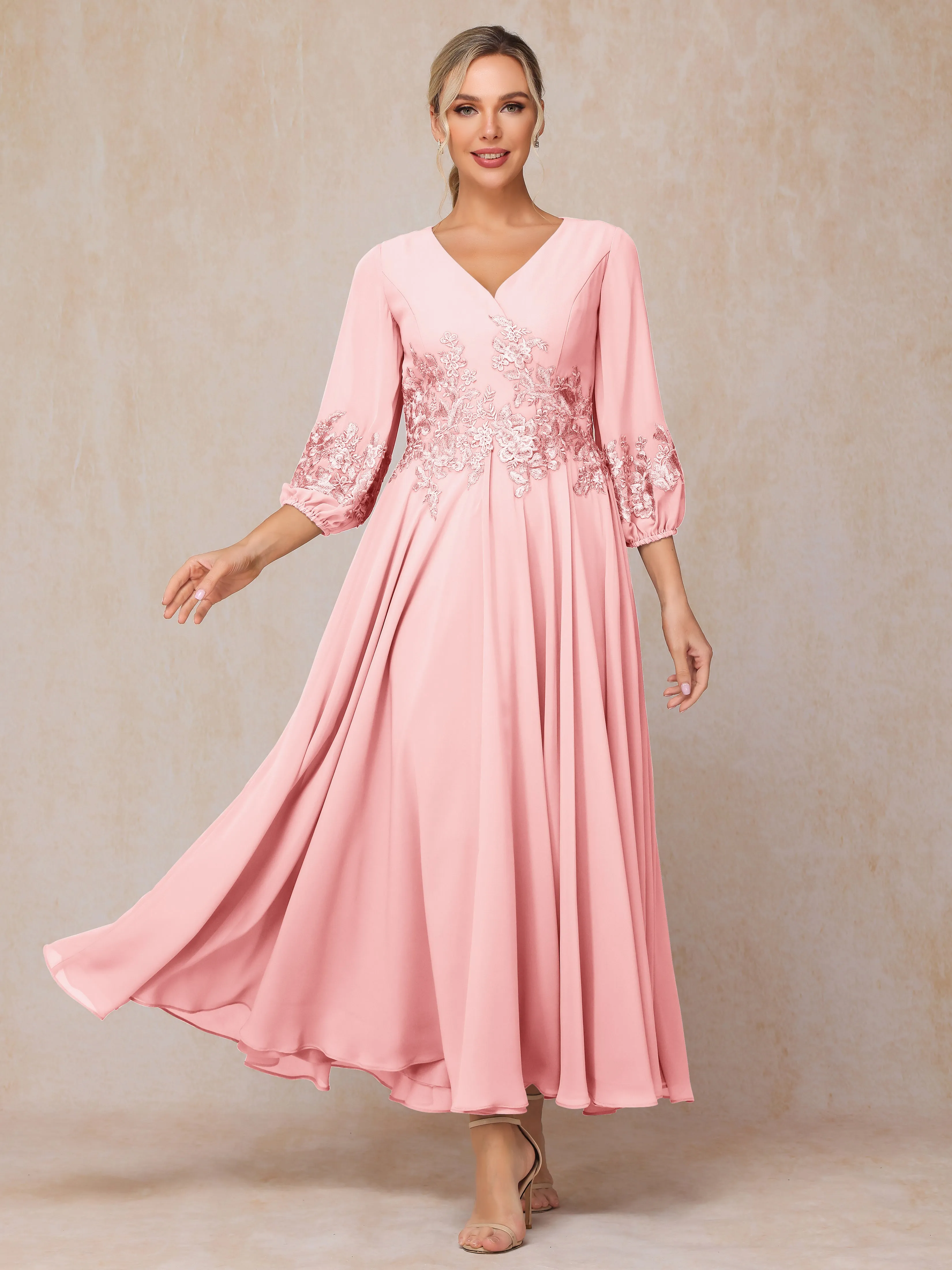 A-Line V Neck Lace Chiffon Mother of the Bride Dress