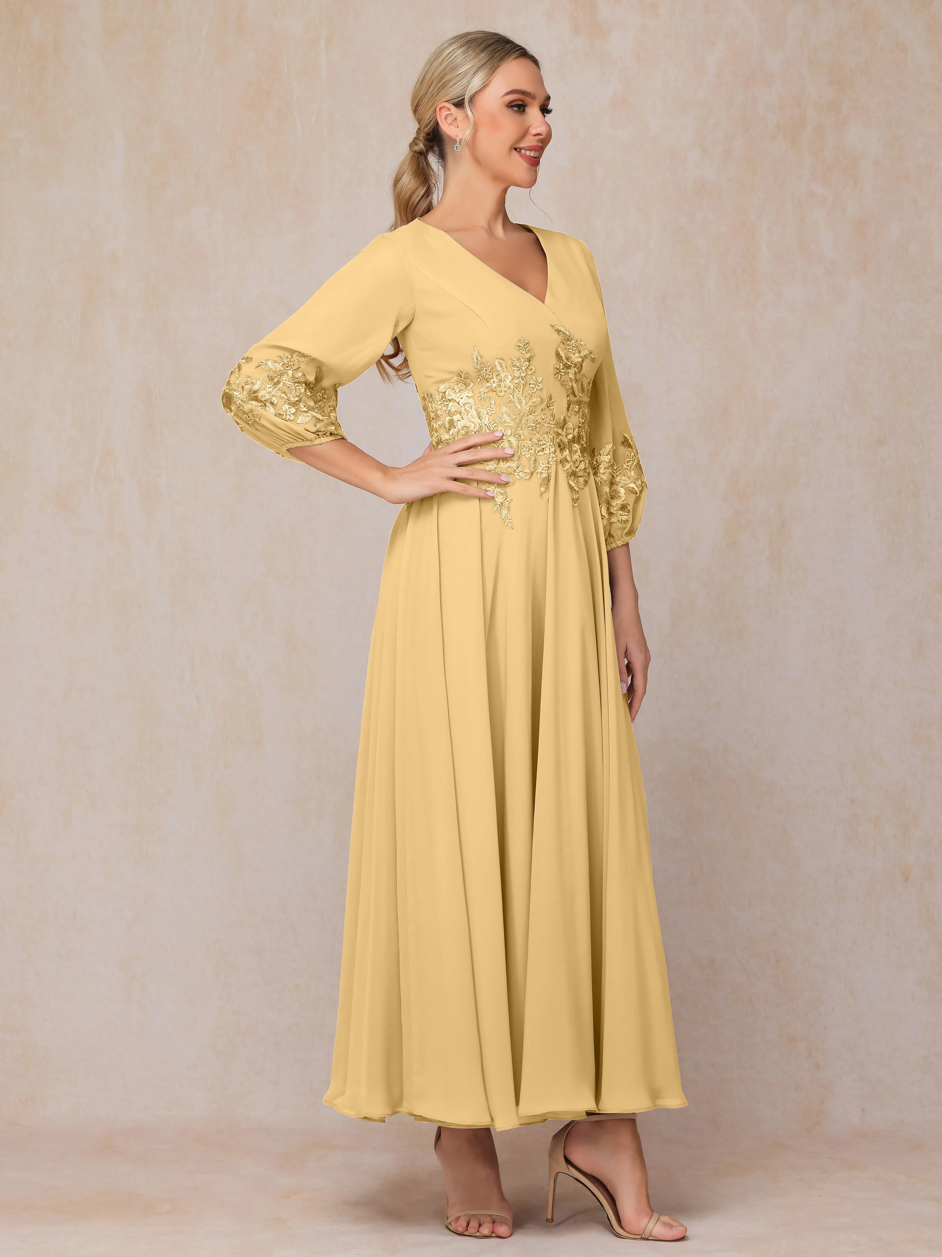 A-Line V Neck Lace Chiffon Mother of the Bride Dress