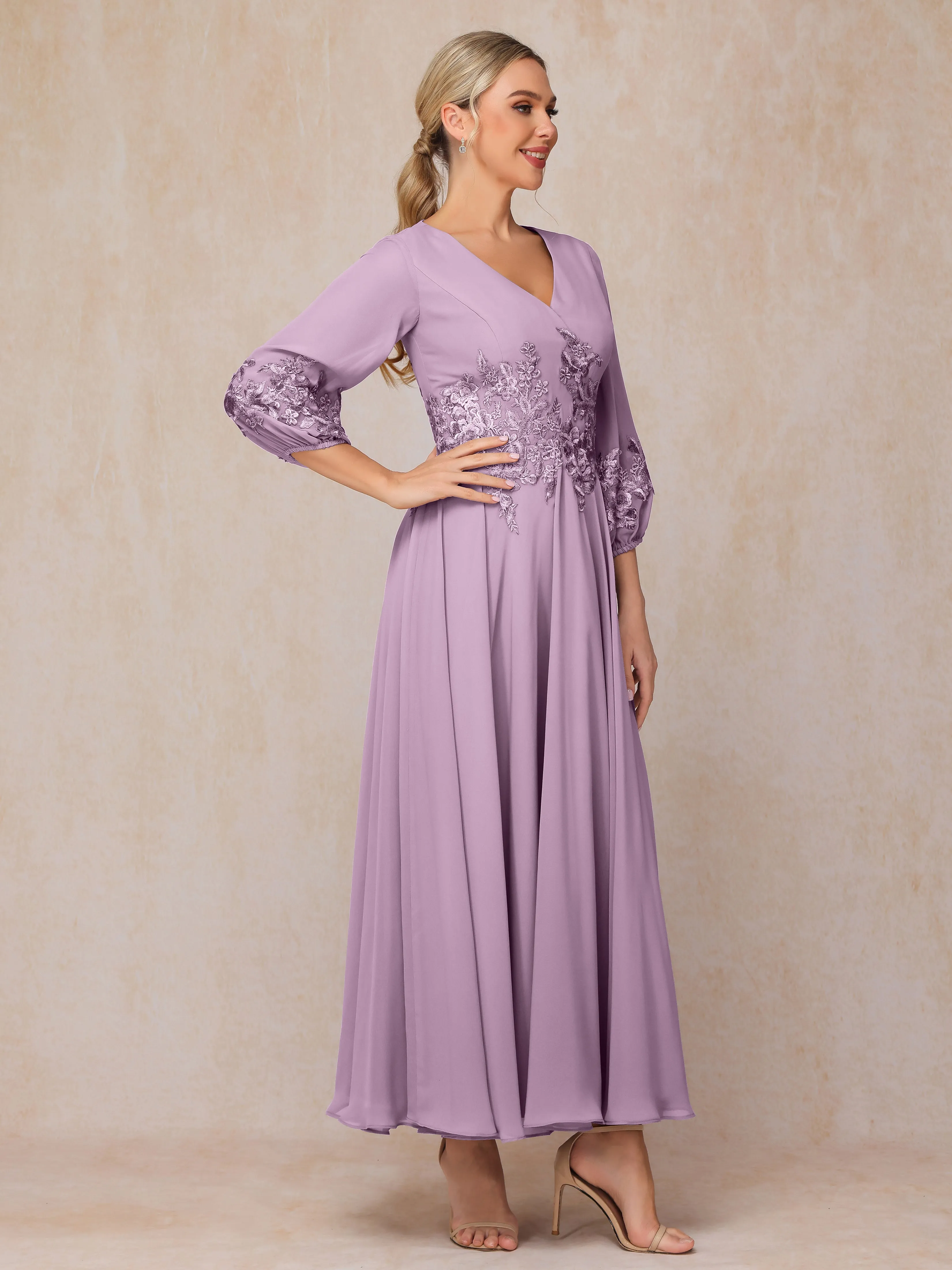 A-Line V Neck Lace Chiffon Mother of the Bride Dress