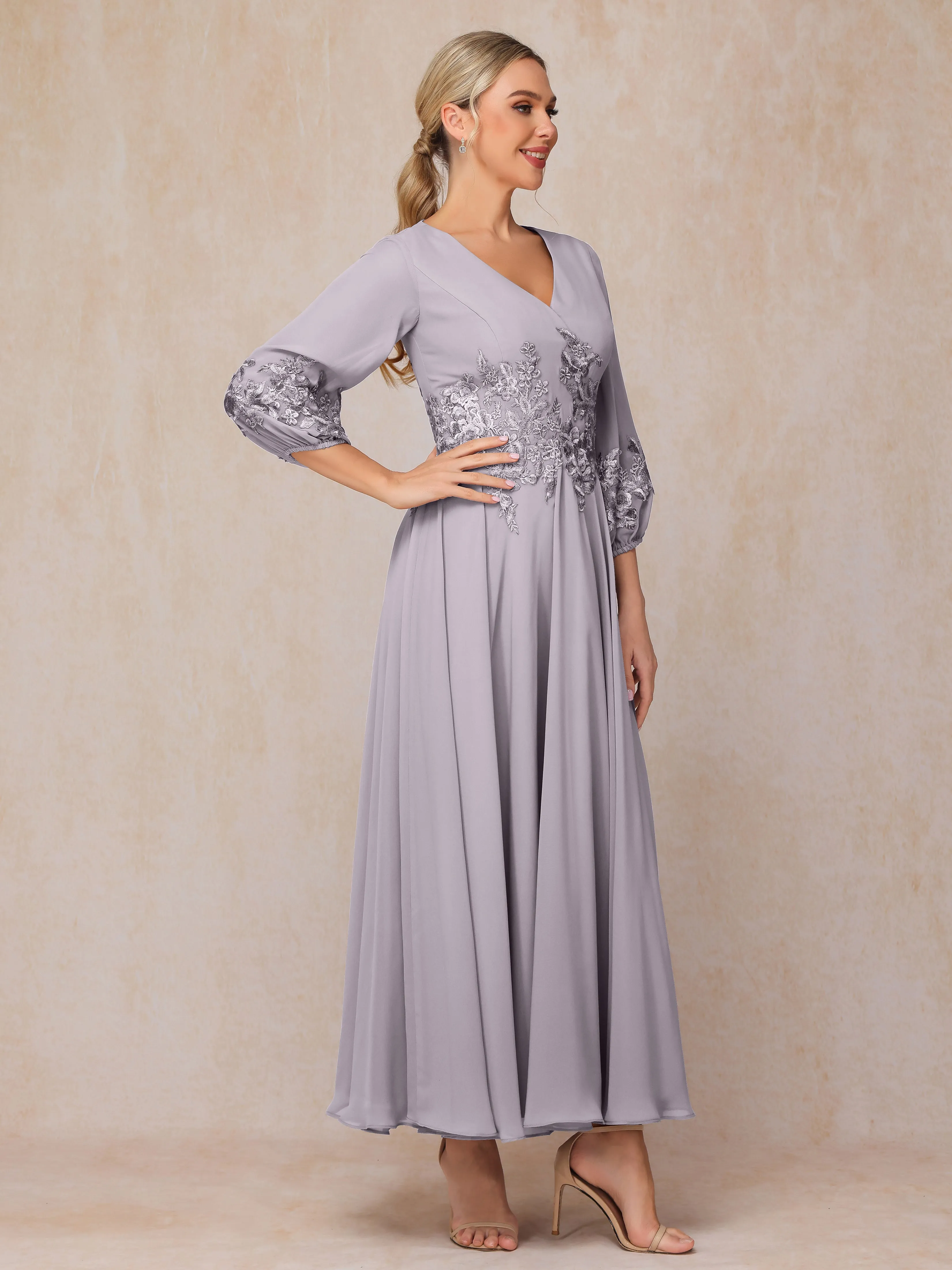 A-Line V Neck Lace Chiffon Mother of the Bride Dress