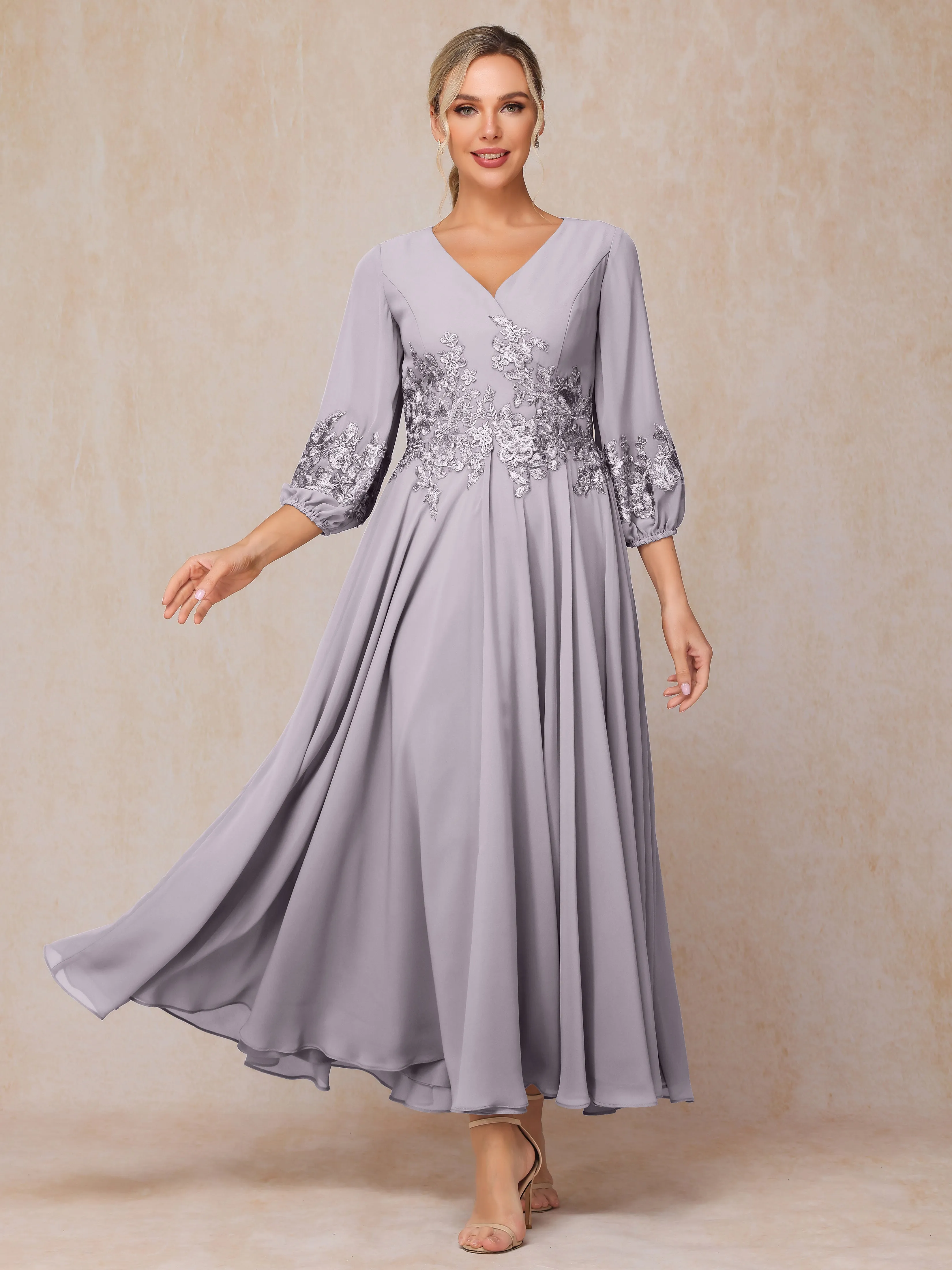 A-Line V Neck Lace Chiffon Mother of the Bride Dress