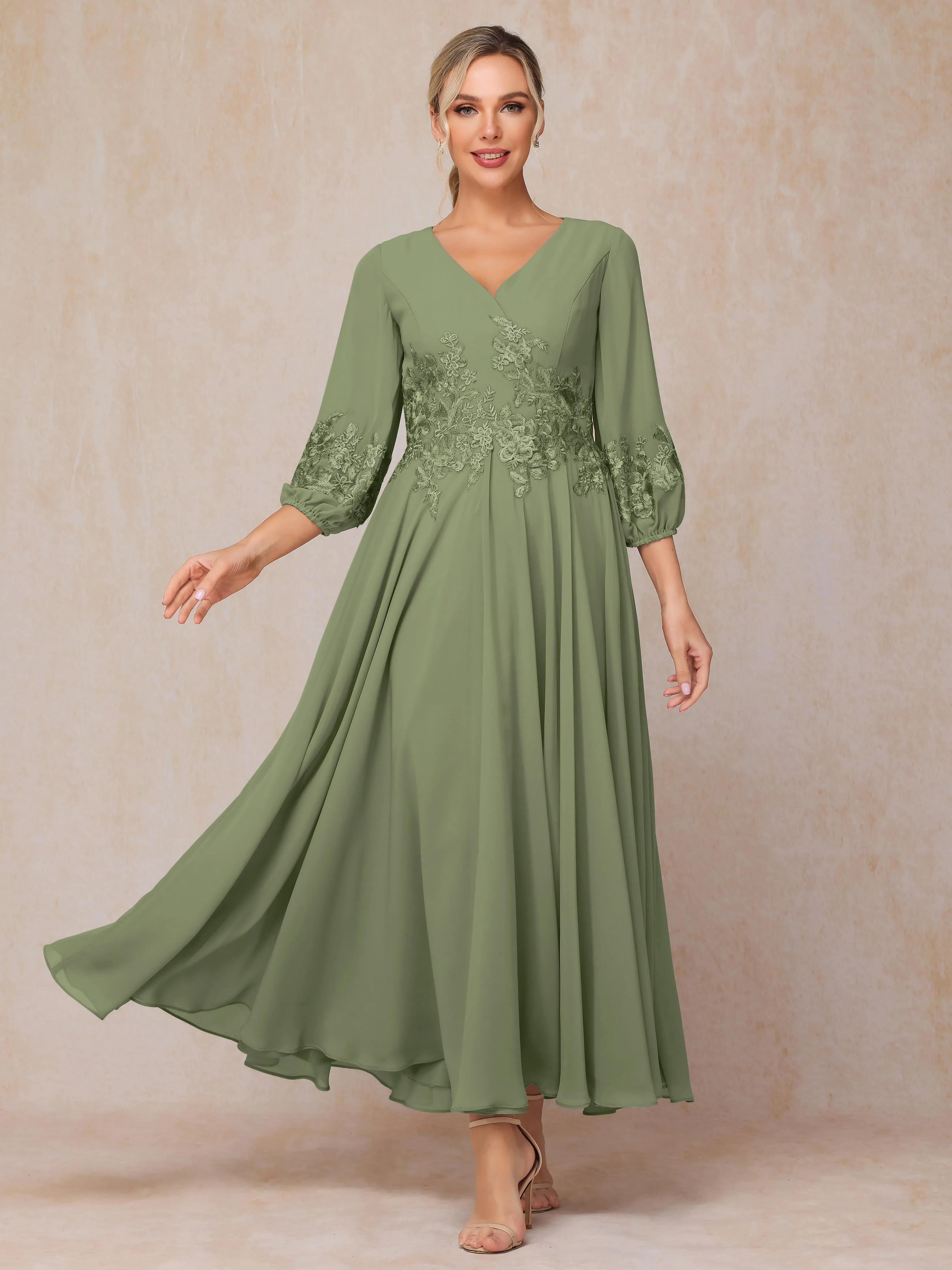 A-Line V Neck Lace Chiffon Mother of the Bride Dress