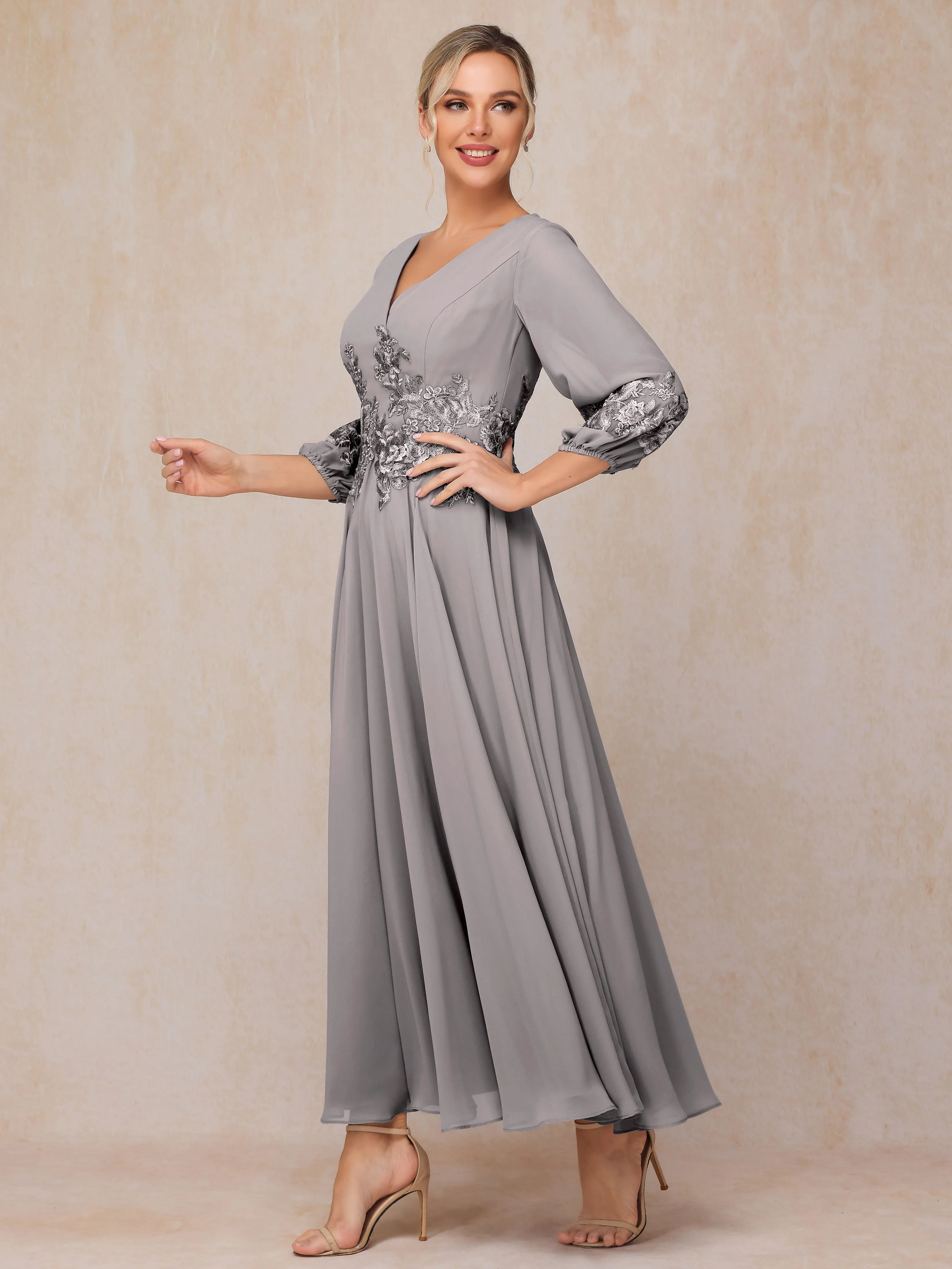 A-Line V Neck Lace Chiffon Mother of the Bride Dress