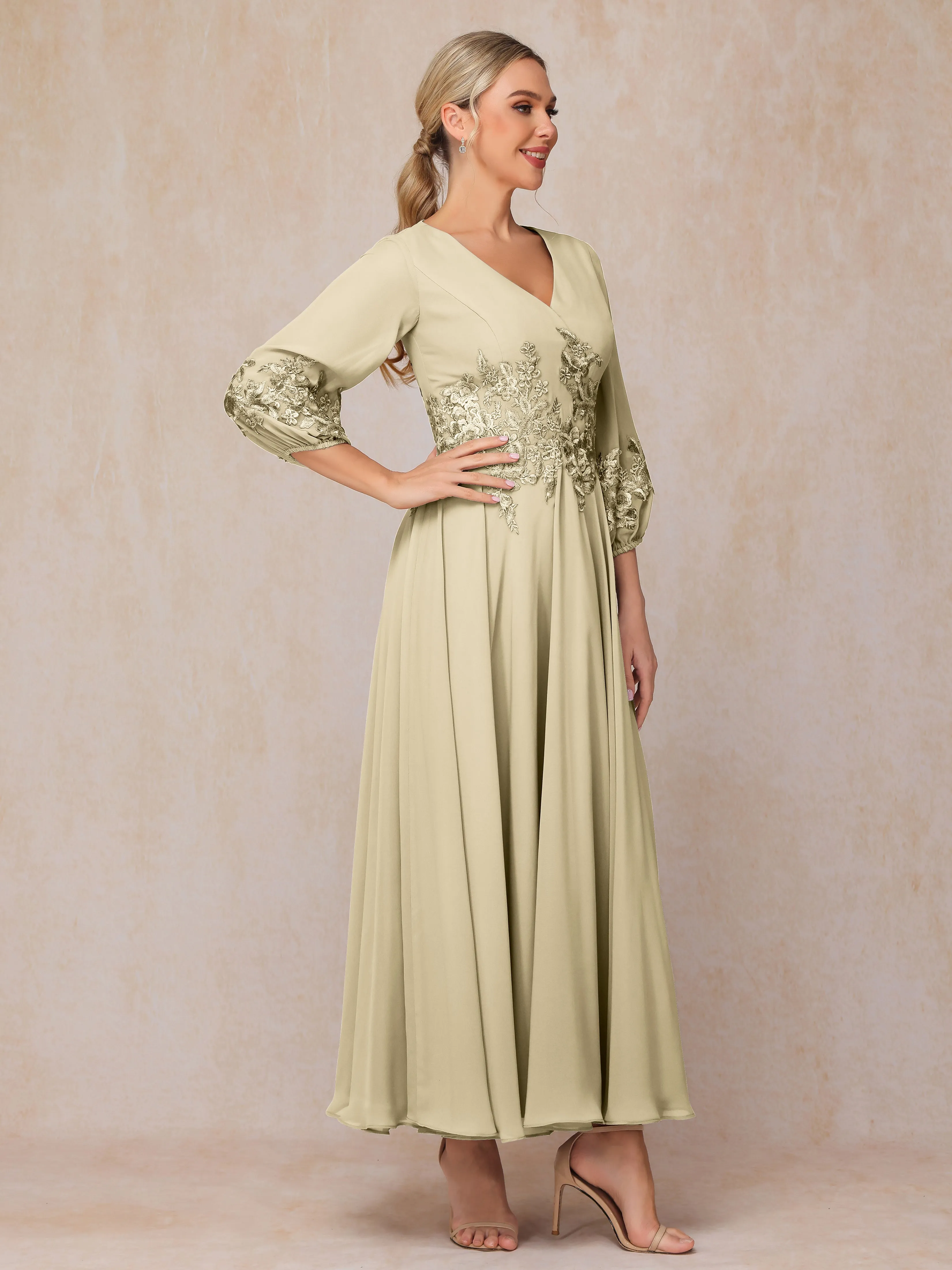 A-Line V Neck Lace Chiffon Mother of the Bride Dress