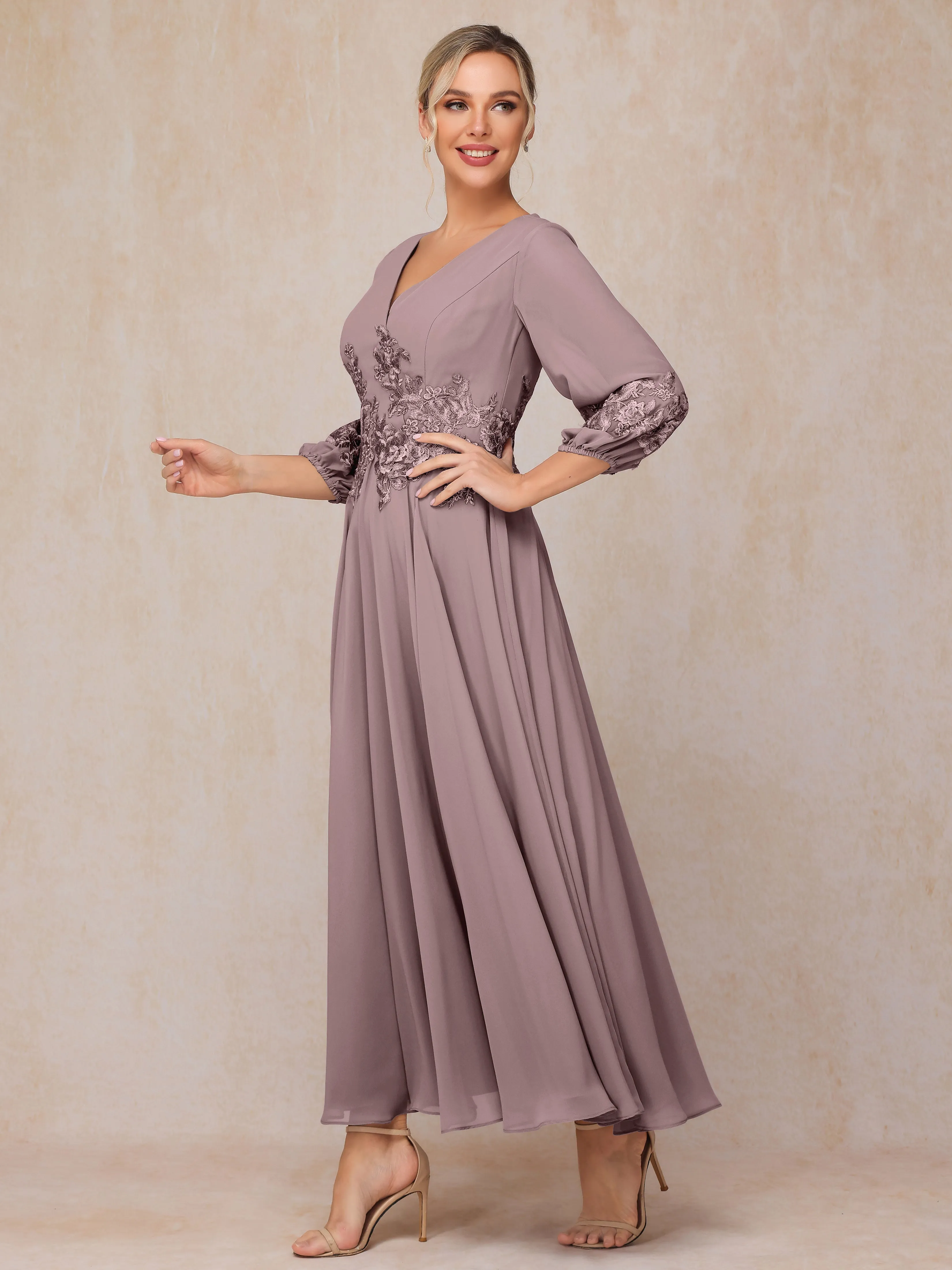 A-Line V Neck Lace Chiffon Mother of the Bride Dress