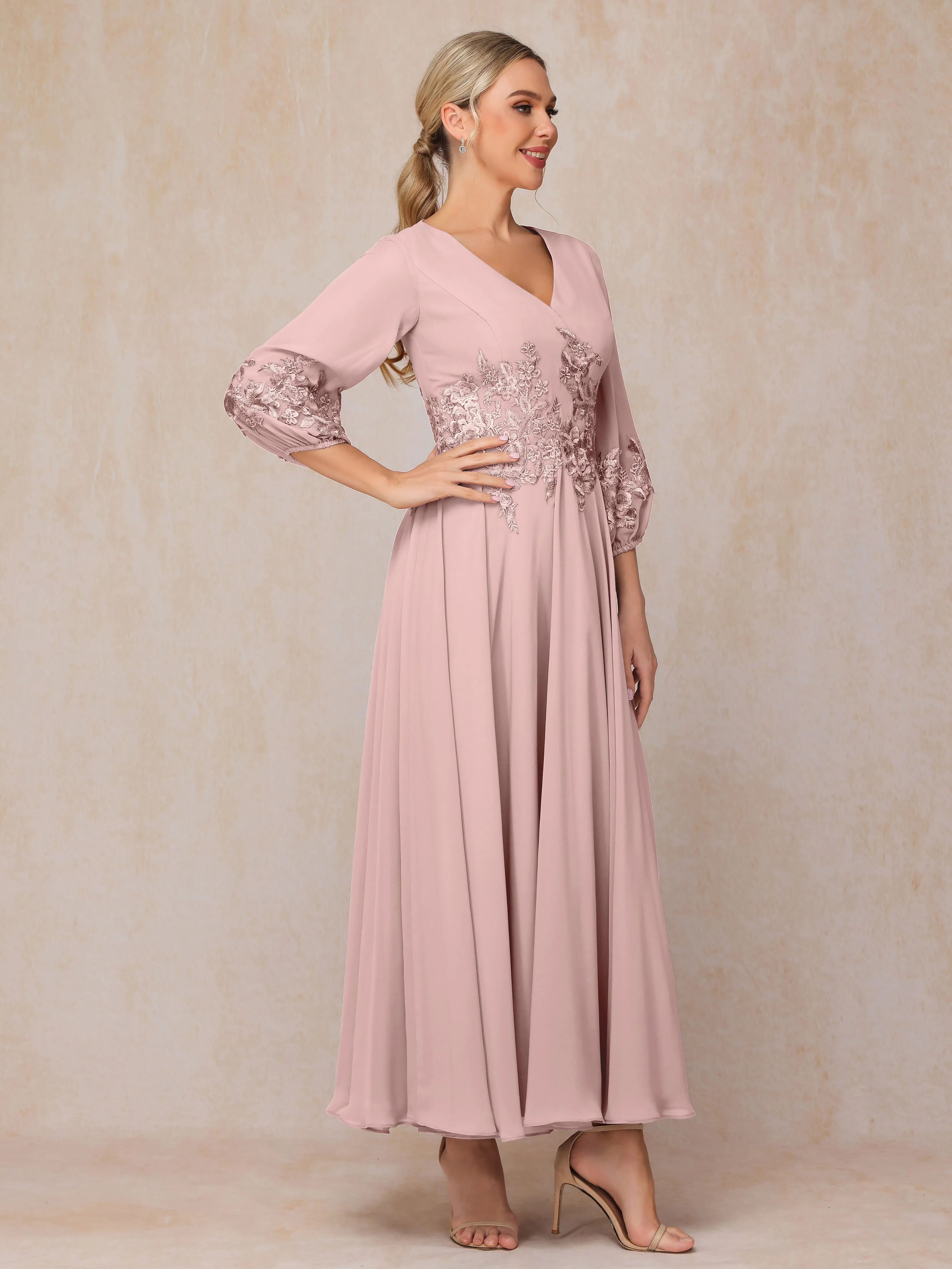 A-Line V Neck Lace Chiffon Mother of the Bride Dress